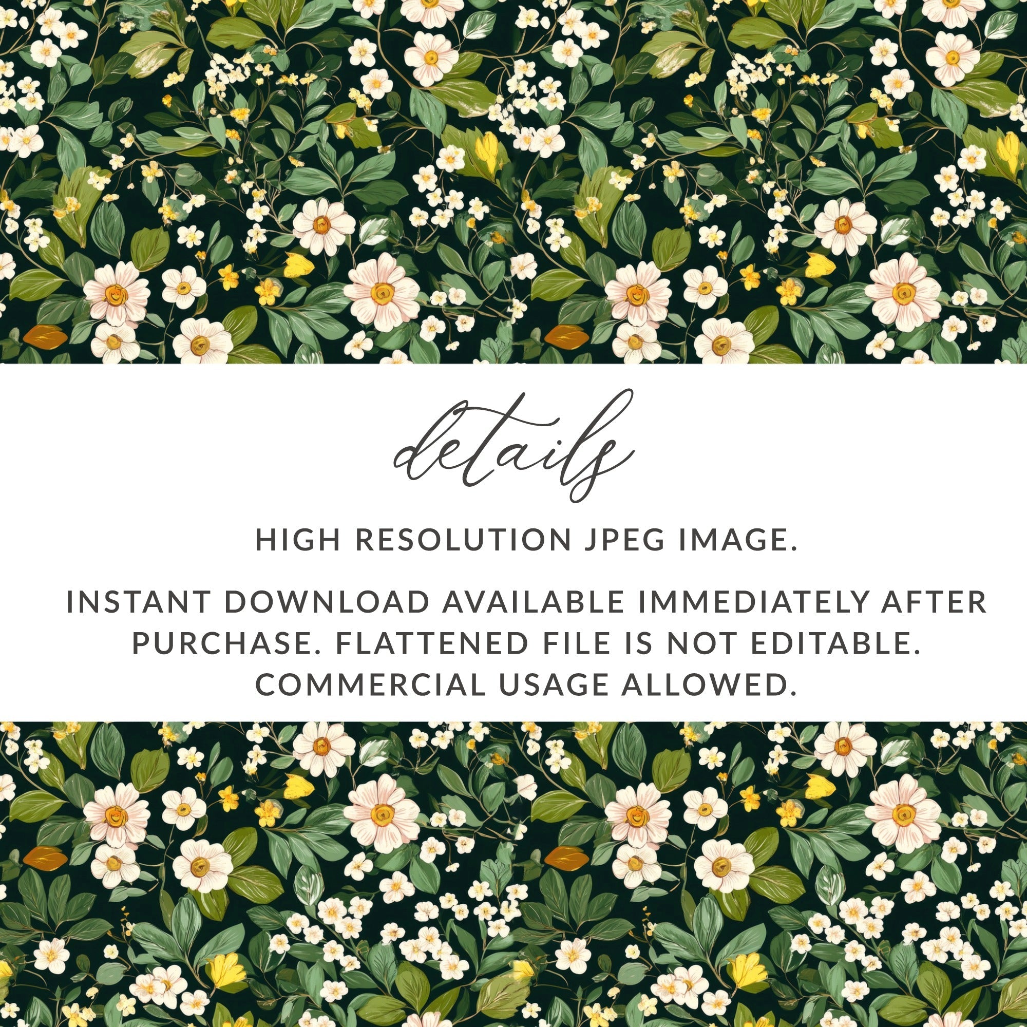 Floral Seamless Pattern, Botanical Digital Paper, Dark Green Background, Flower Pattern, Printable Fabric, Commercial Use Digital Downloads - Moore and Mountain