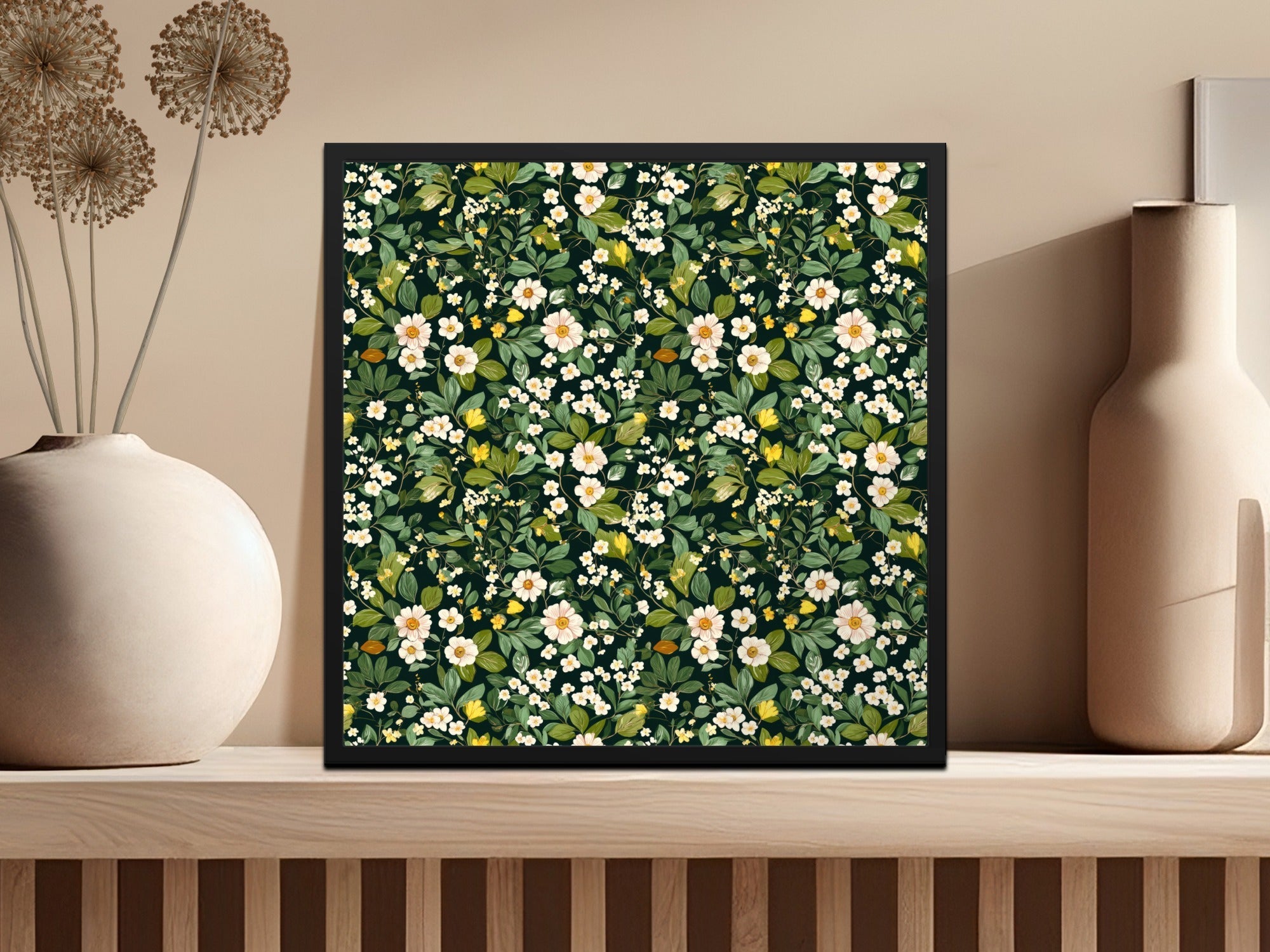 Floral Seamless Pattern, Botanical Digital Paper, Dark Green Background, Flower Pattern, Printable Fabric, Commercial Use Digital Downloads - Moore and Mountain