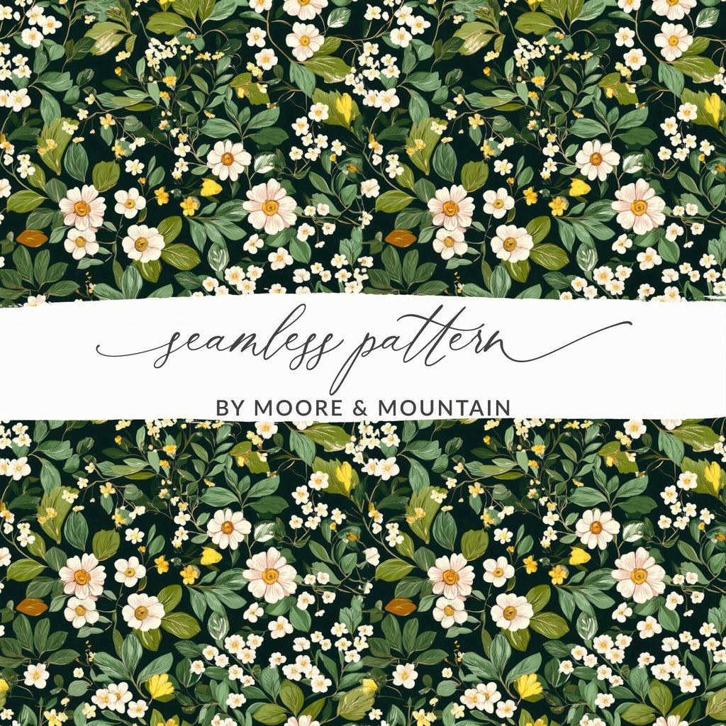 Floral Seamless Pattern, Botanical Digital Paper, Dark Green Background, Flower Pattern, Printable Fabric, Commercial Use Digital Downloads - Moore and Mountain