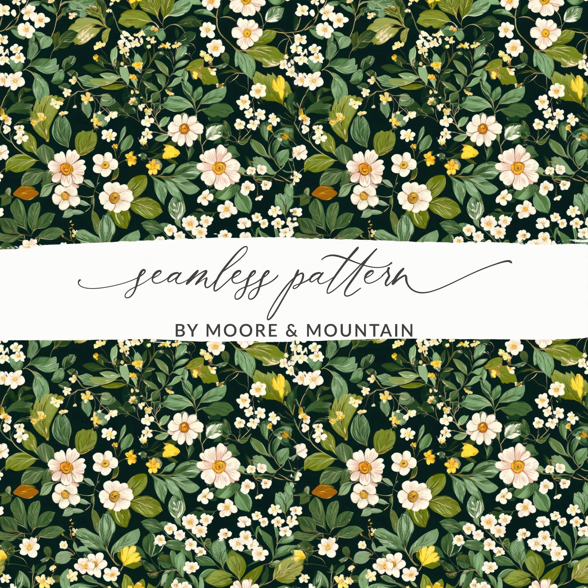 Floral Seamless Pattern, Botanical Digital Paper, Dark Green Background, Flower Pattern, Printable Fabric, Commercial Use Digital Downloads - Moore and Mountain