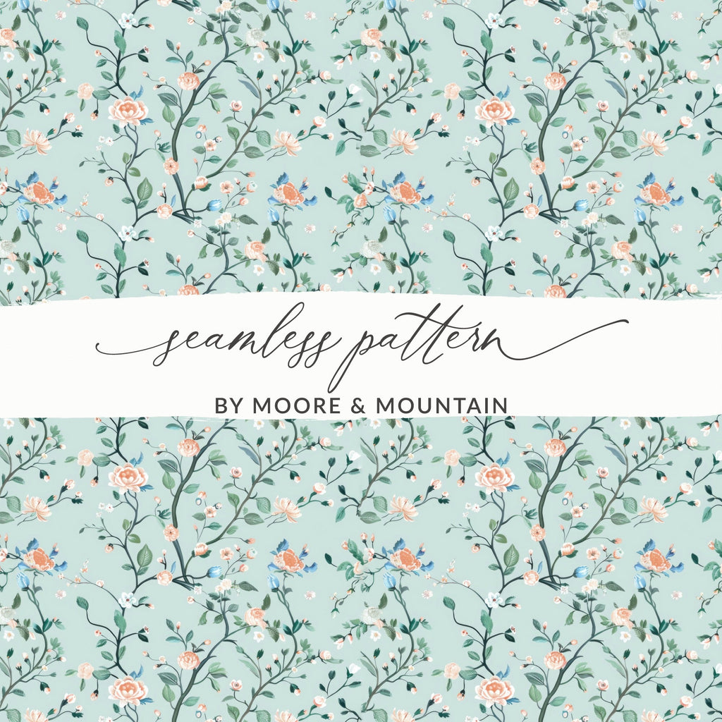 Floral Seamless Pattern, Chinoiserie Digital Paper, Elegant Flower Design, Printable Fabric Pattern, Vintage Backgrounds, Digital - Moore and Mountain
