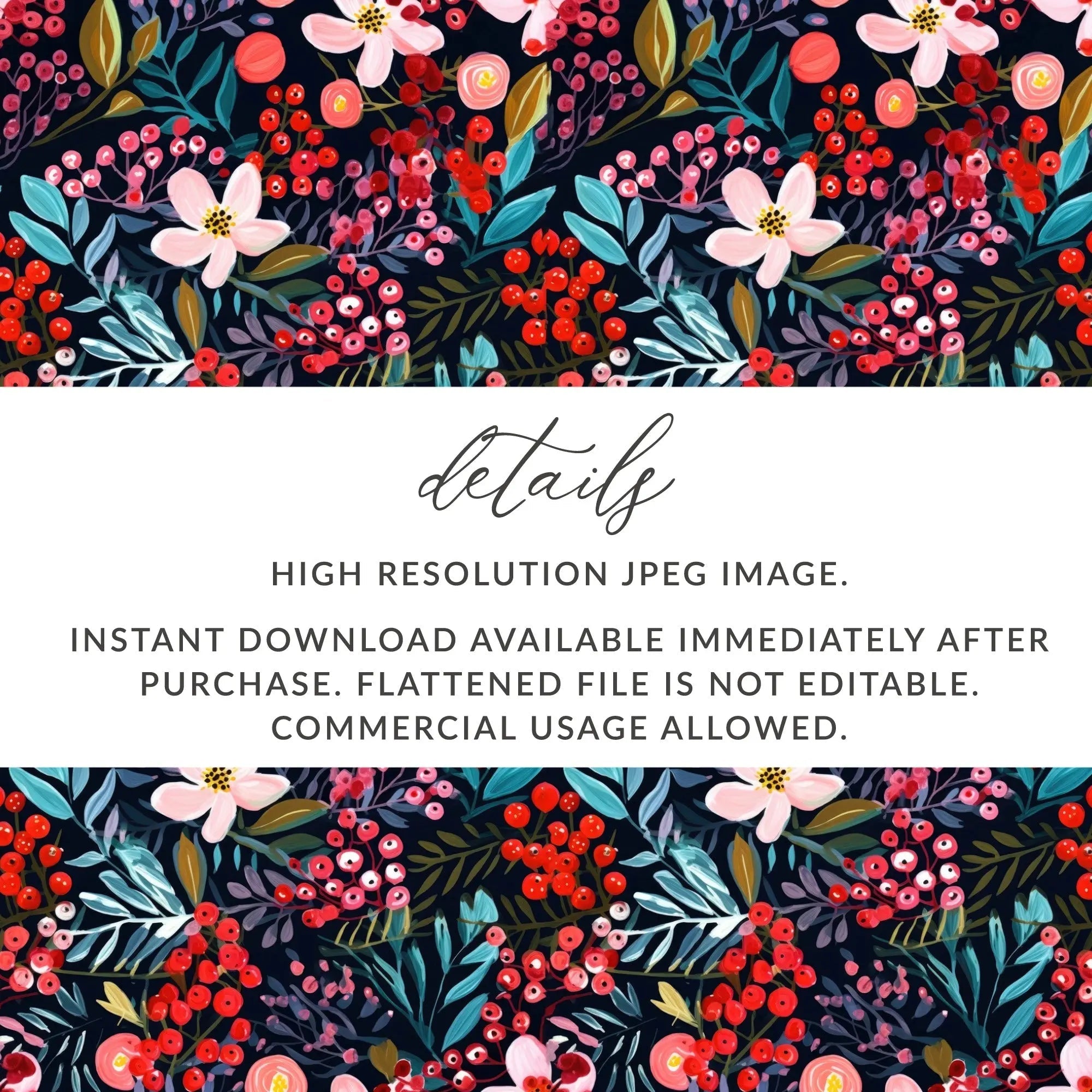 Floral Seamless Pattern Digital, Dark Botanical Print, Flower Fabric Design, Berries Illustration, Watercolor Floral, Repeat Pattern - Moore and Mountain