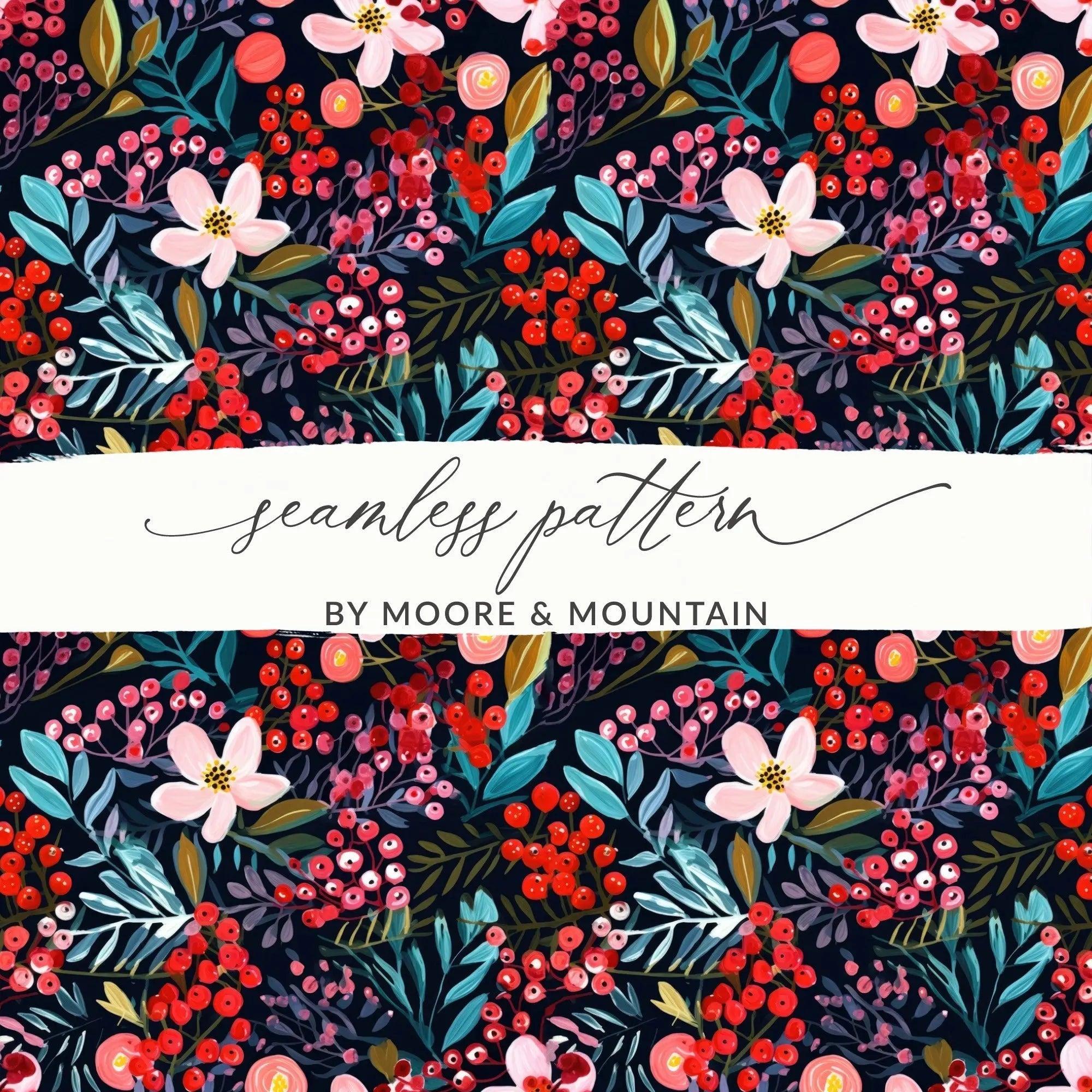Floral Seamless Pattern Digital, Dark Botanical Print, Flower Fabric Design, Berries Illustration, Watercolor Floral, Repeat Pattern - Moore and Mountain