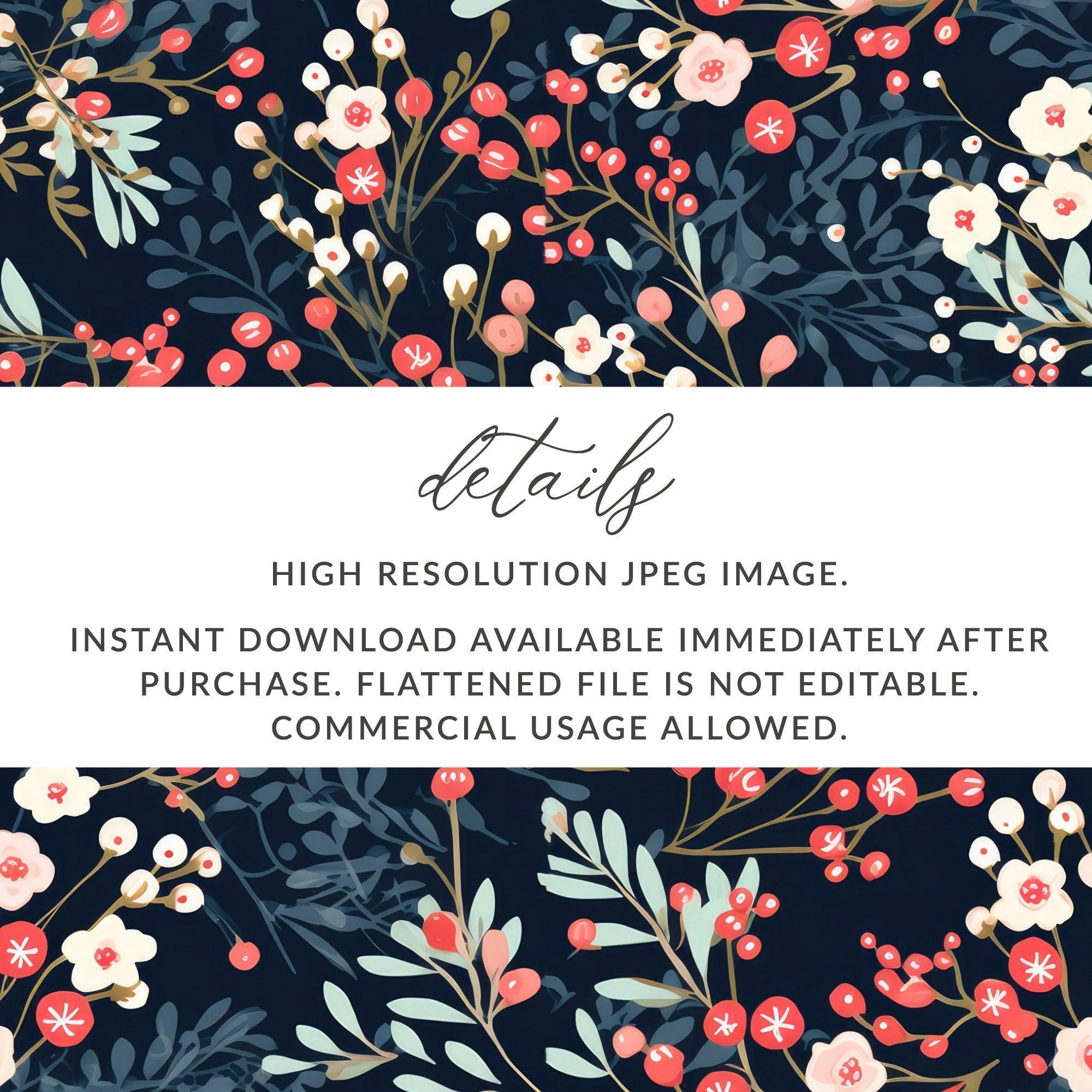 Floral Seamless Pattern, Digital Download, Berry Pattern, Repeating Flower Design, Scrapbooking Paper, Commercial Use, Textile Design - Moore and Mountain