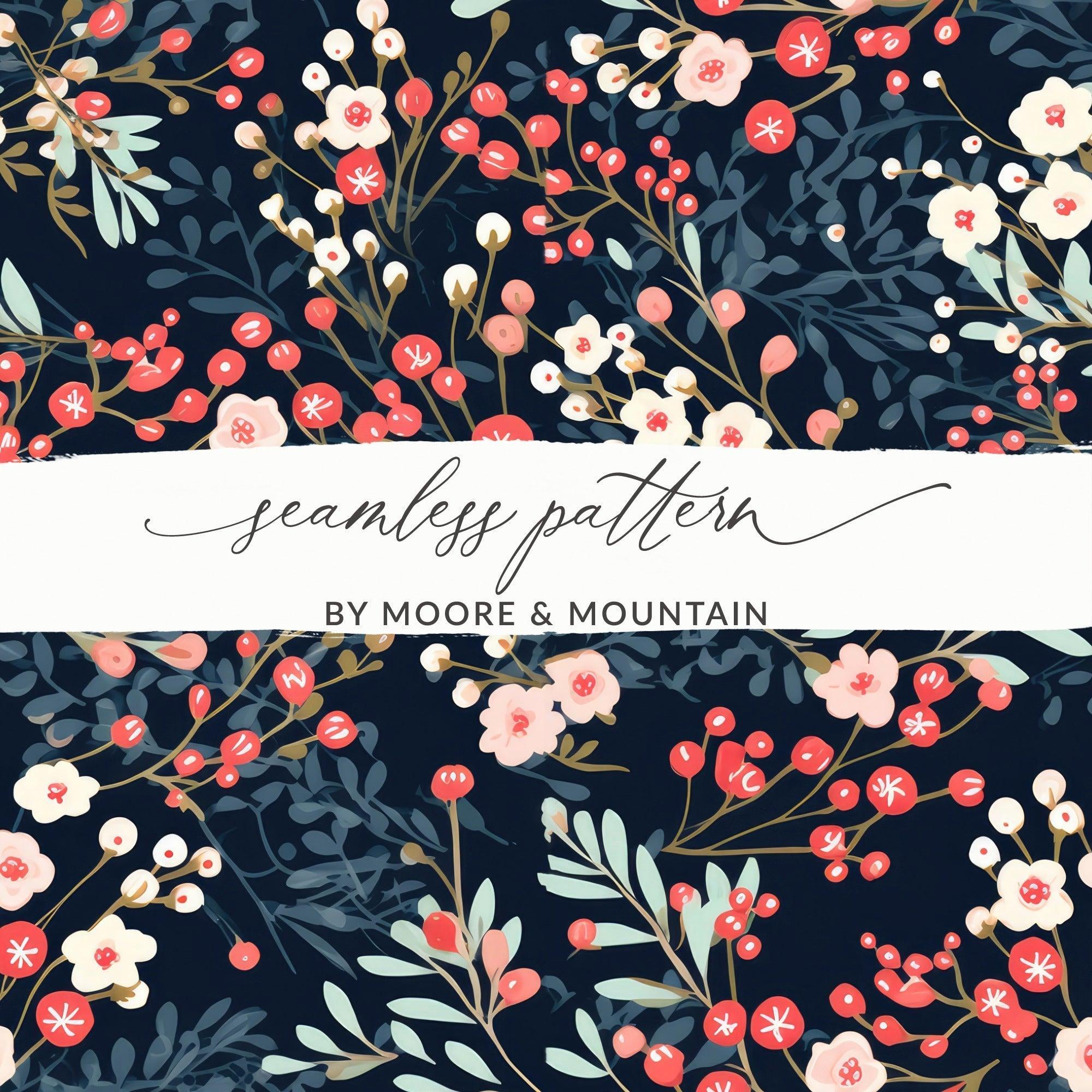 Floral Seamless Pattern, Digital Download, Berry Pattern, Repeating Flower Design, Scrapbooking Paper, Commercial Use, Textile Design - Moore and Mountain
