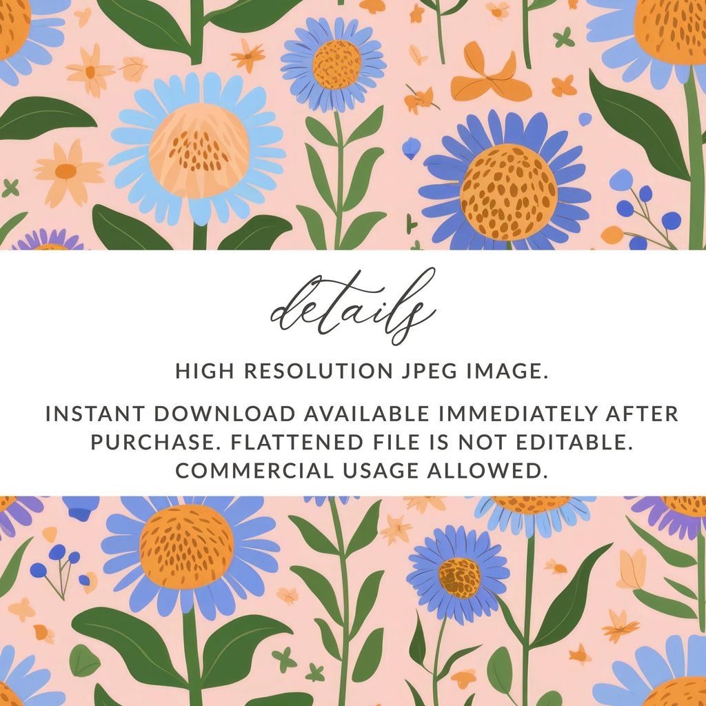 Floral Seamless Pattern Digital, Flower Print File, Blue Flower Design, Digital Download, Seamless Background, Fabric Pattern, 12x12 JPEG - Moore and Mountain
