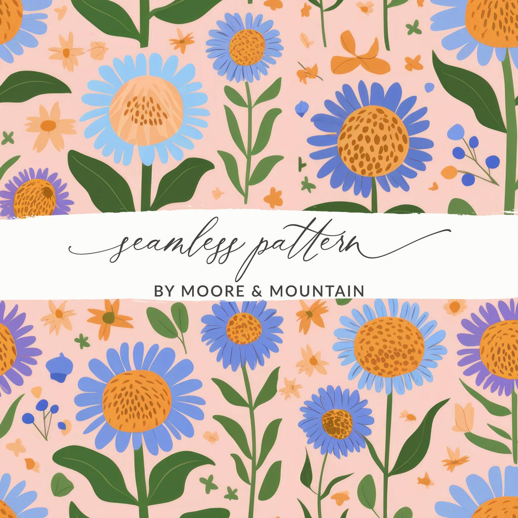 Floral Seamless Pattern Digital, Flower Print File, Blue Flower Design, Digital Download, Seamless Background, Fabric Pattern, 12x12 JPEG - Moore and Mountain