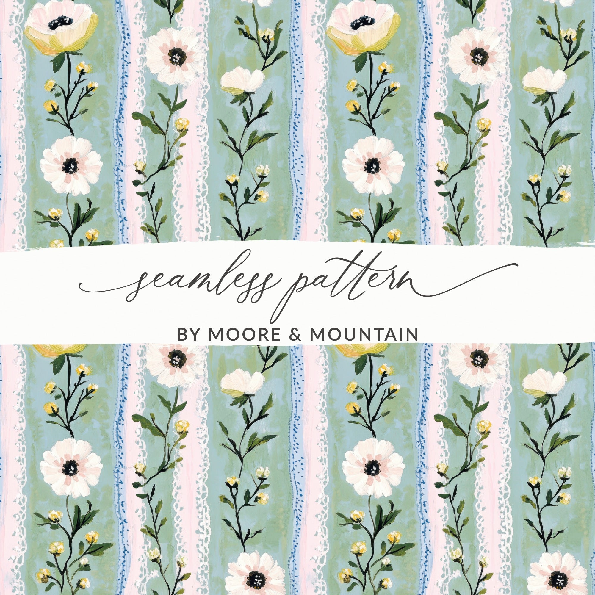 Floral Seamless Pattern Digital, Flower Print Paper Download, Anemone Fabric Design, Pink Lace Stripe Surface Pattern, Scrapbook Paper - Moore and Mountain