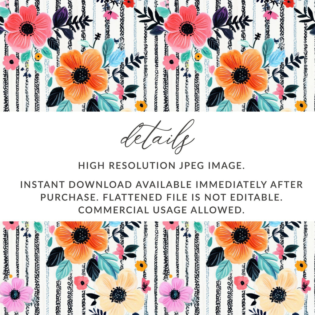 Floral Seamless Pattern Digital, Flower Stripes Design, Fabric Print, Scrapbooking Paper, Digital Download for Crafts, Commercial Use - Moore and Mountain
