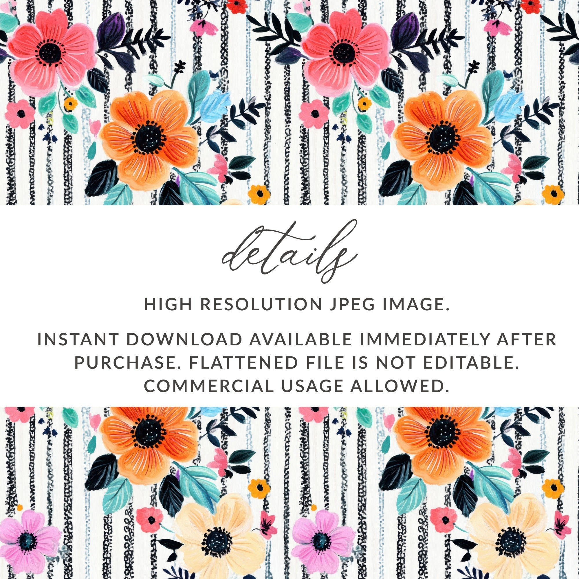 Floral Seamless Pattern Digital, Flower Stripes Design, Fabric Print, Scrapbooking Paper, Digital Download for Crafts, Commercial Use - Moore and Mountain