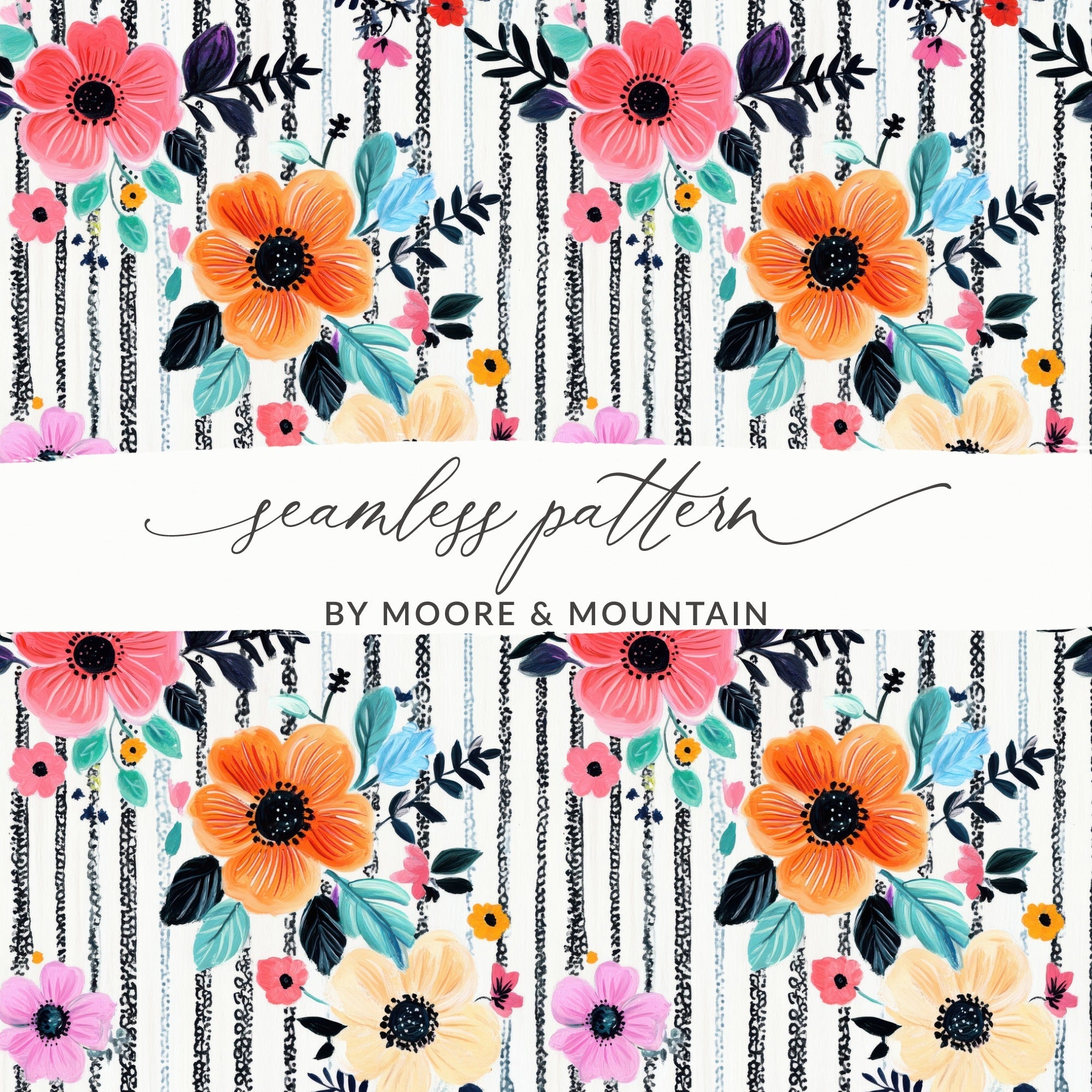 Floral Seamless Pattern Digital, Flower Stripes Design, Fabric Print, Scrapbooking Paper, Digital Download for Crafts, Commercial Use - Moore and Mountain