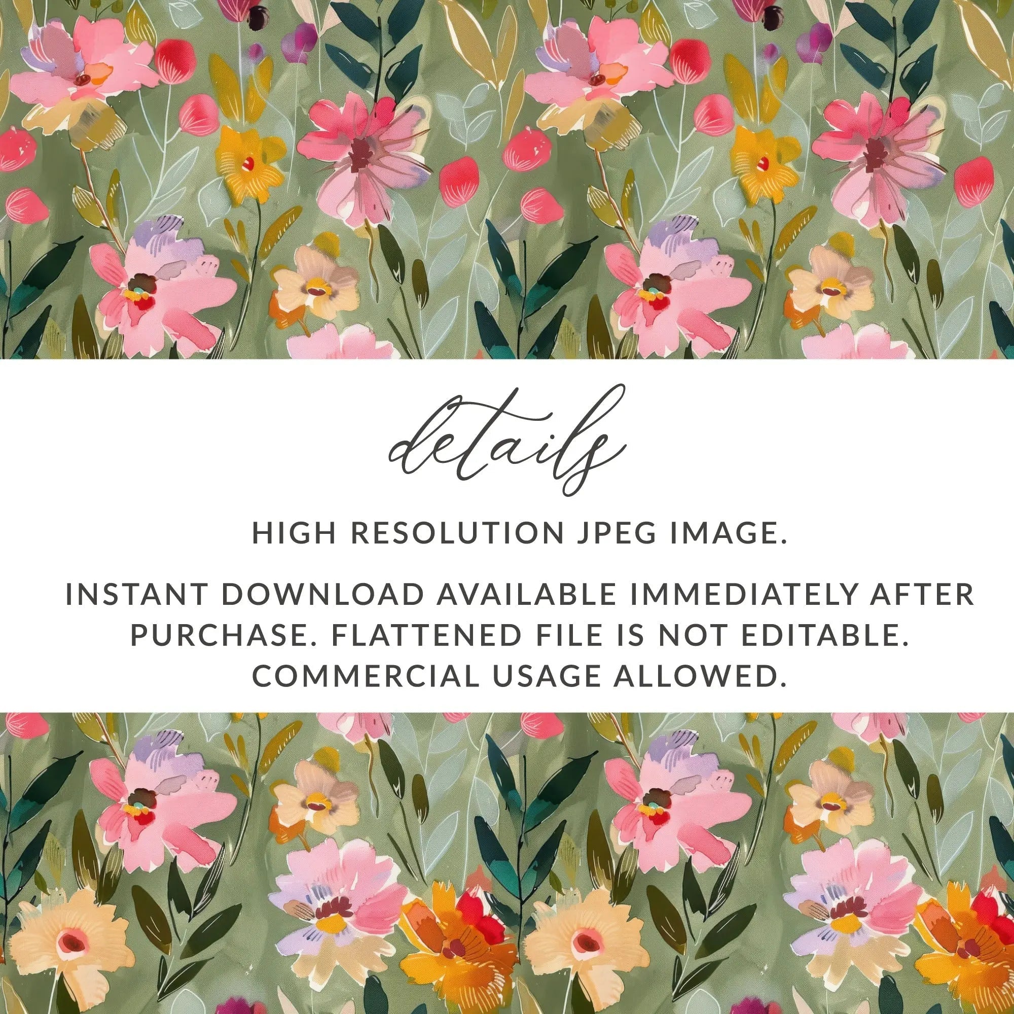 Floral Seamless Pattern Digital, Green Watercolor Flower Print, Fabric Design, Scrapbooking Paper, Spring Garden Digital Download - Moore and Mountain