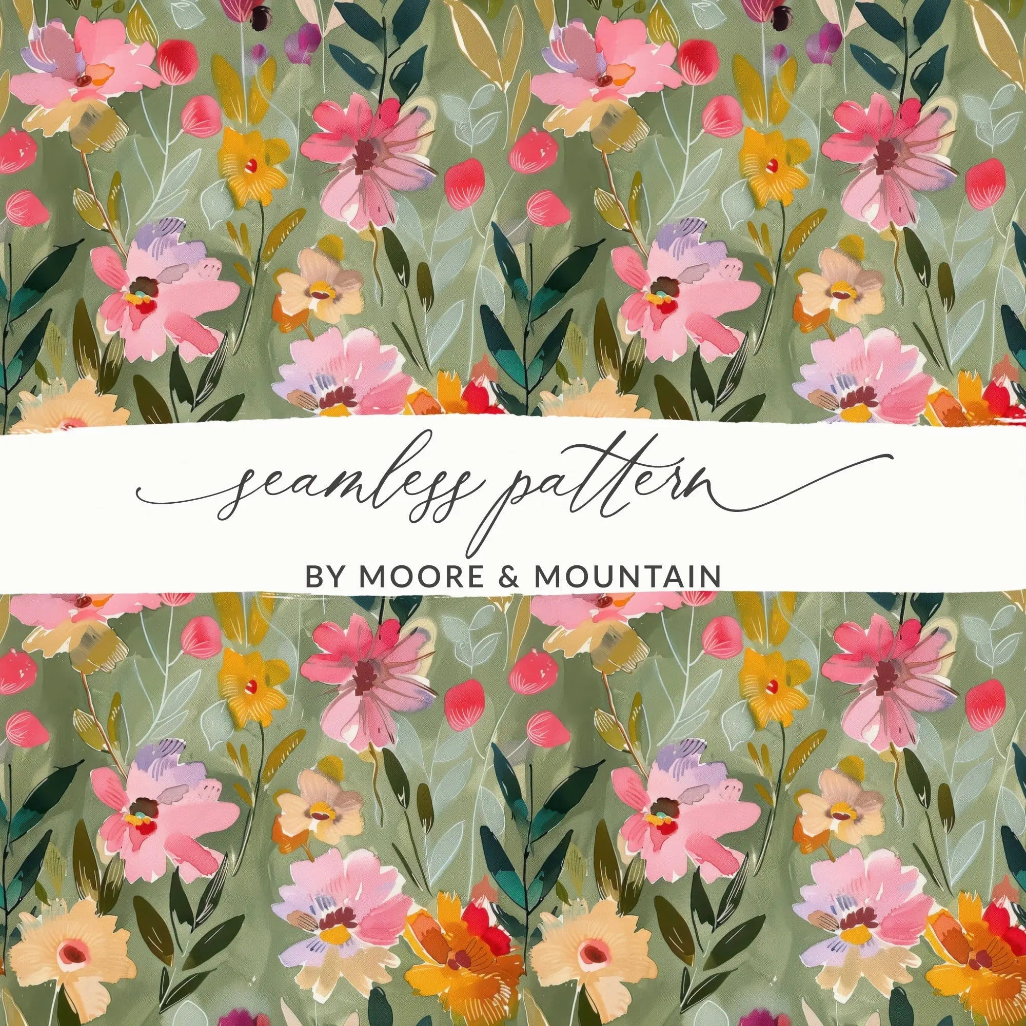 Floral Seamless Pattern Digital, Green Watercolor Flower Print, Fabric Design, Scrapbooking Paper, Spring Garden Digital Download - Moore and Mountain