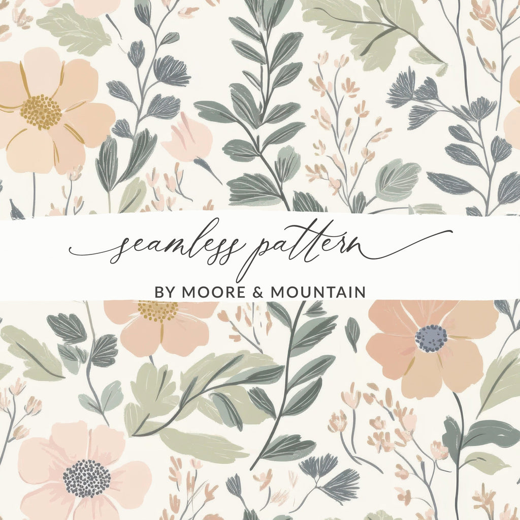 Floral Seamless Pattern, Digital Paper, Blush Pink Flowers, Green Leaves, Repeating Pattern, Fabric Design, Digital Download - Moore and Mountain