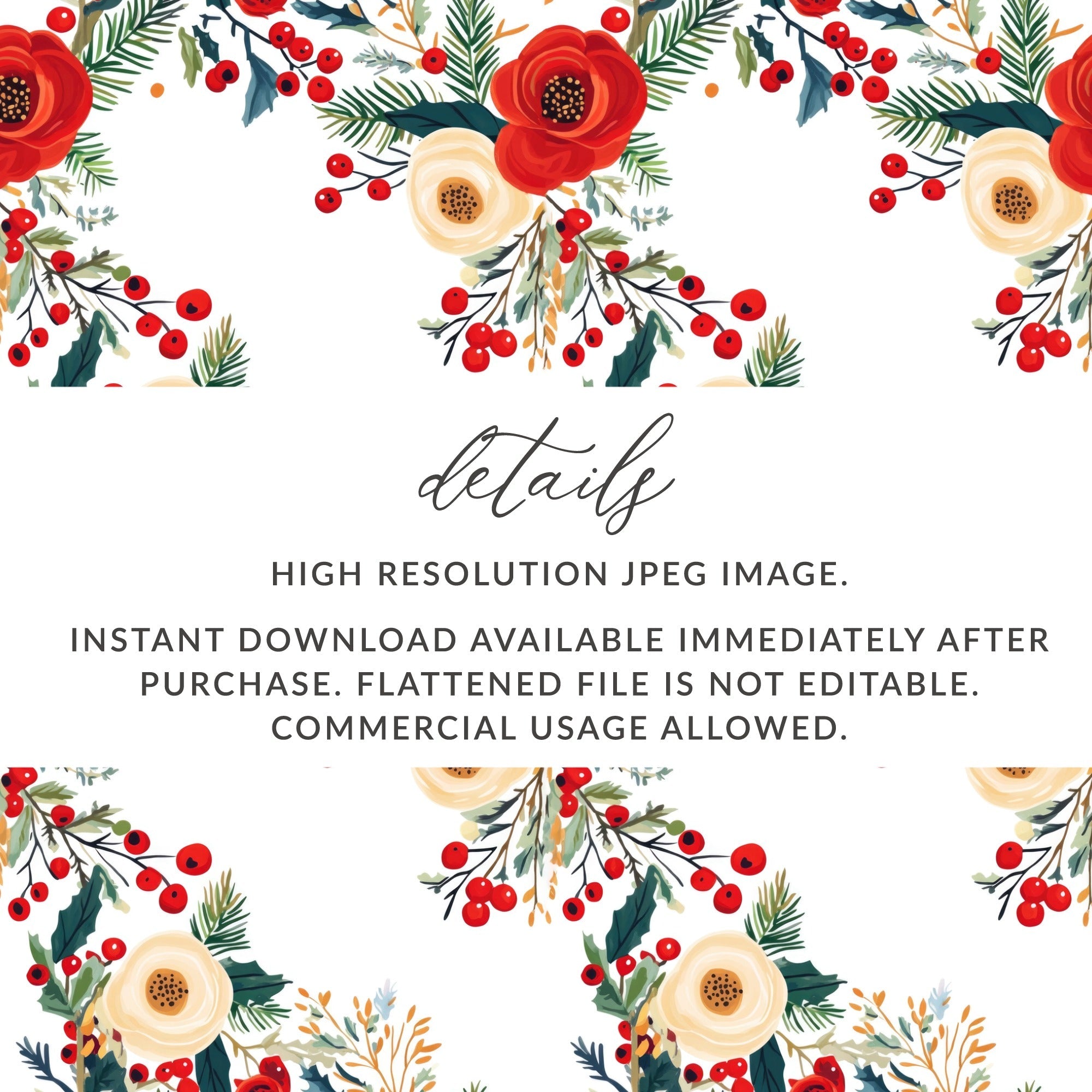 Floral Seamless Pattern Digital Paper, Christmas Flowers Print Fabric Design, Berries and Leaves Pattern, Rose Pattern, JPEG Download - Moore and Mountain