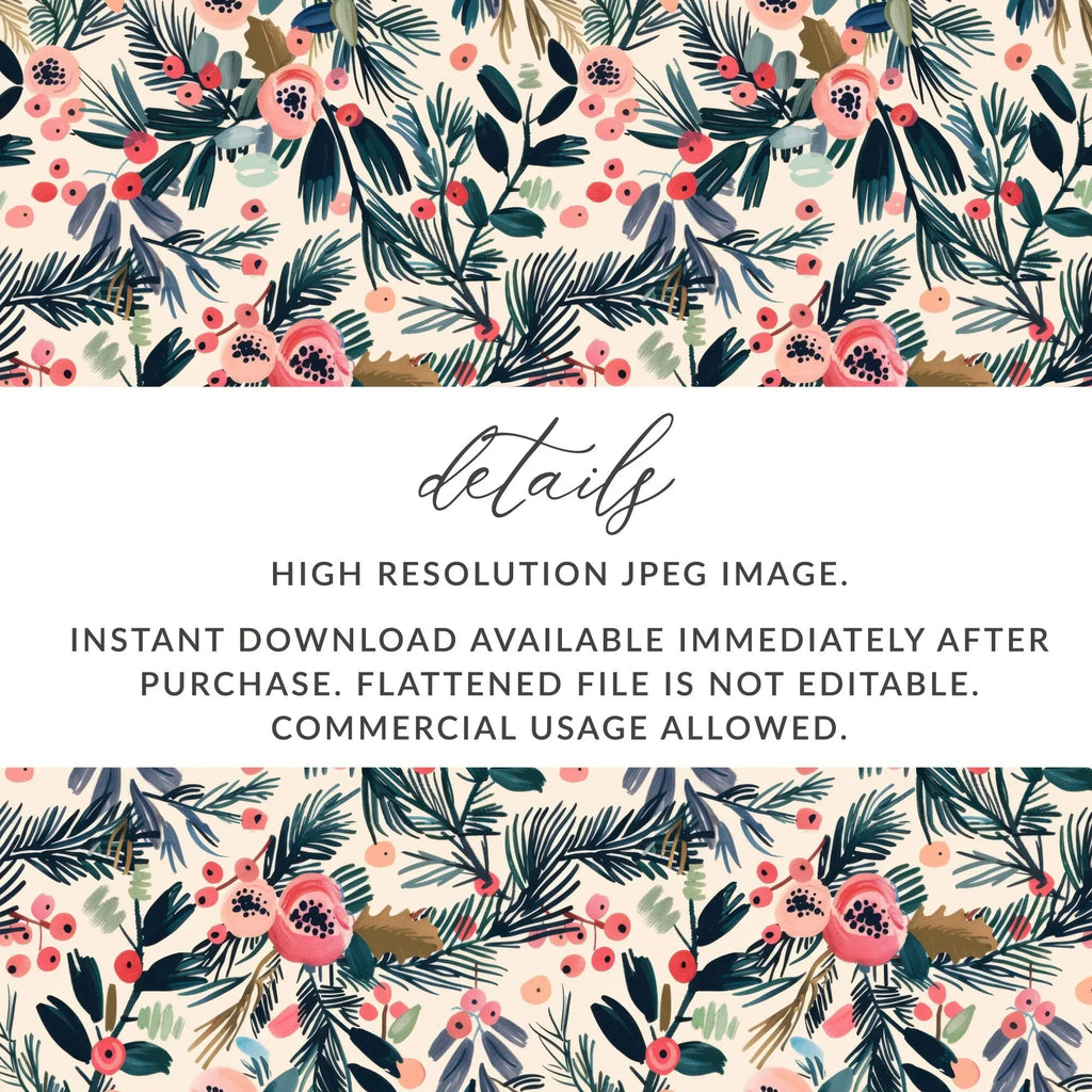 Floral Seamless Pattern, Digital Paper, Christmas Foliage Print, 12x12, JPEG Files, Digital Download, Scrapbooking Paper, Floral Design - Moore and Mountain