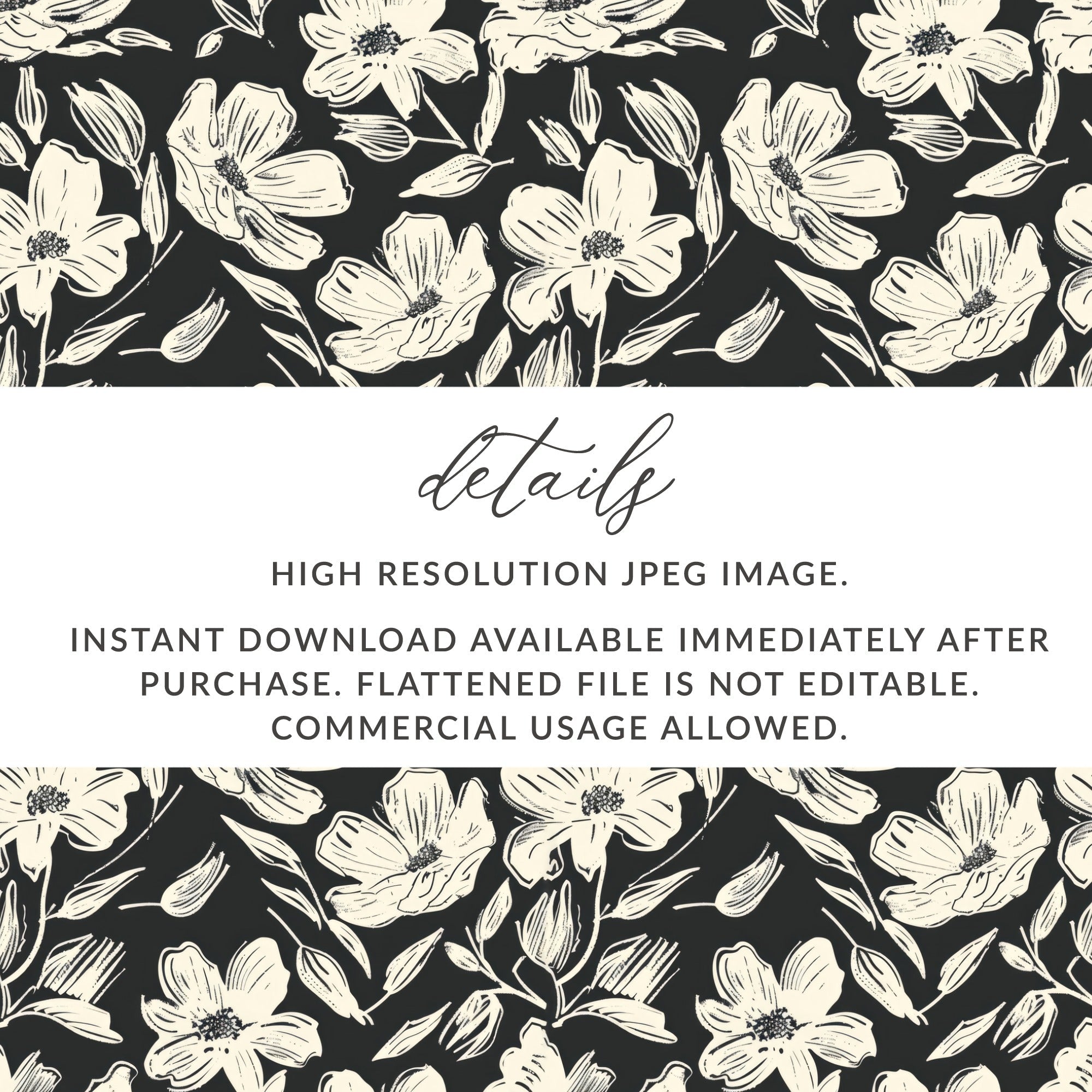 Floral Seamless Pattern Digital Paper, Cream Flowers, Dark Background, Repeat Pattern for Fabric, Scrapbooking, Digital Products - Moore and Mountain