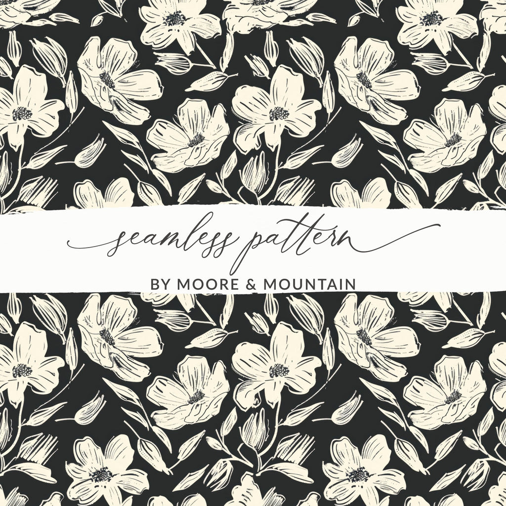 Floral Seamless Pattern Digital Paper, Cream Flowers, Dark Background, Repeat Pattern for Fabric, Scrapbooking, Digital Products - Moore and Mountain