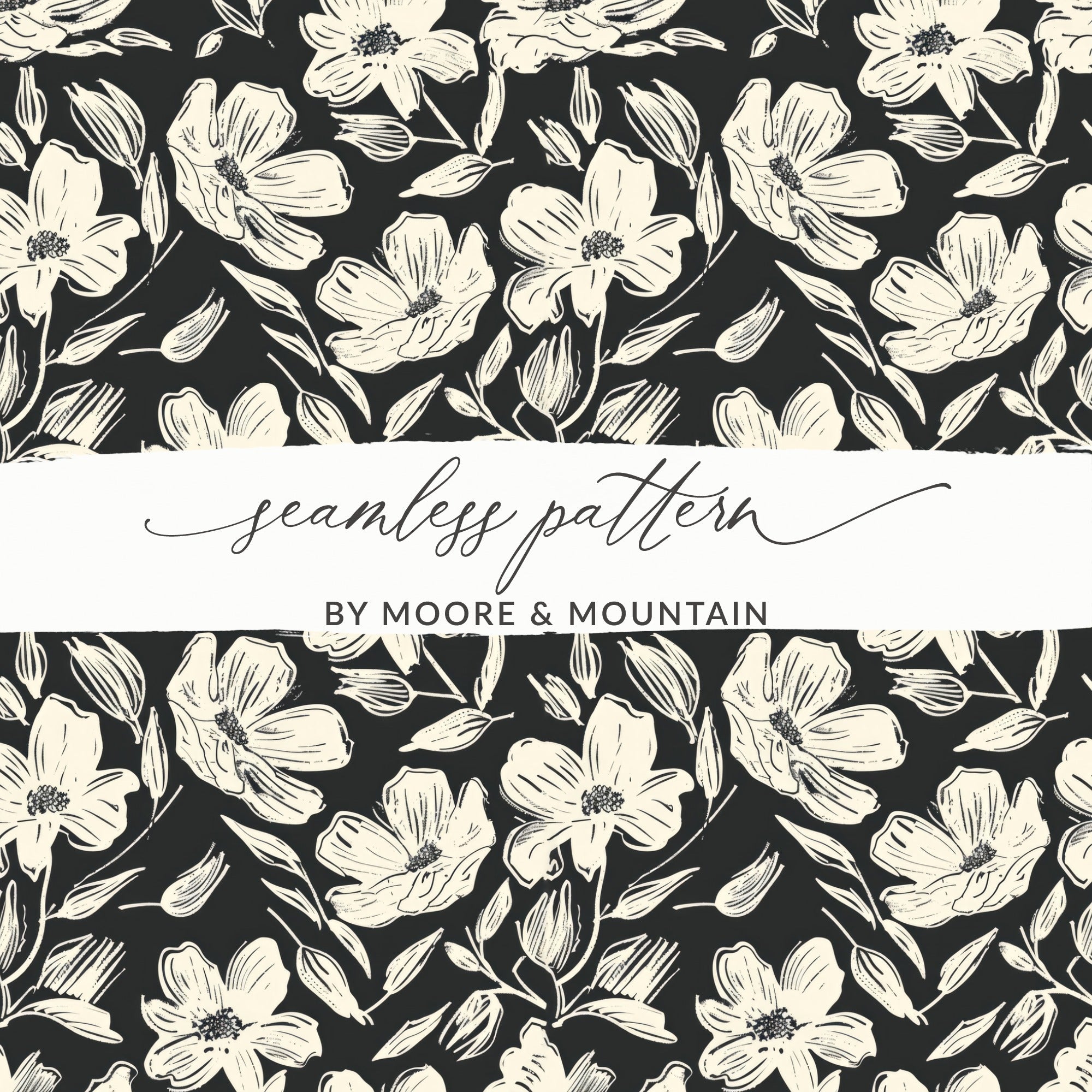 Floral Seamless Pattern Digital Paper, Cream Flowers, Dark Background, Repeat Pattern for Fabric, Scrapbooking, Digital Products - Moore and Mountain