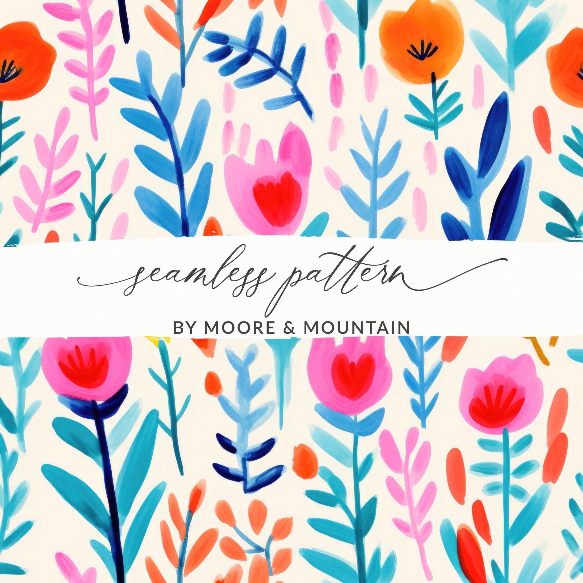 Floral Seamless Pattern, Digital Paper, Flowers Clipart, Bright Painted Design, Repeating Pattern, Scrapbooking, Fabric Design, Print on - Moore and Mountain