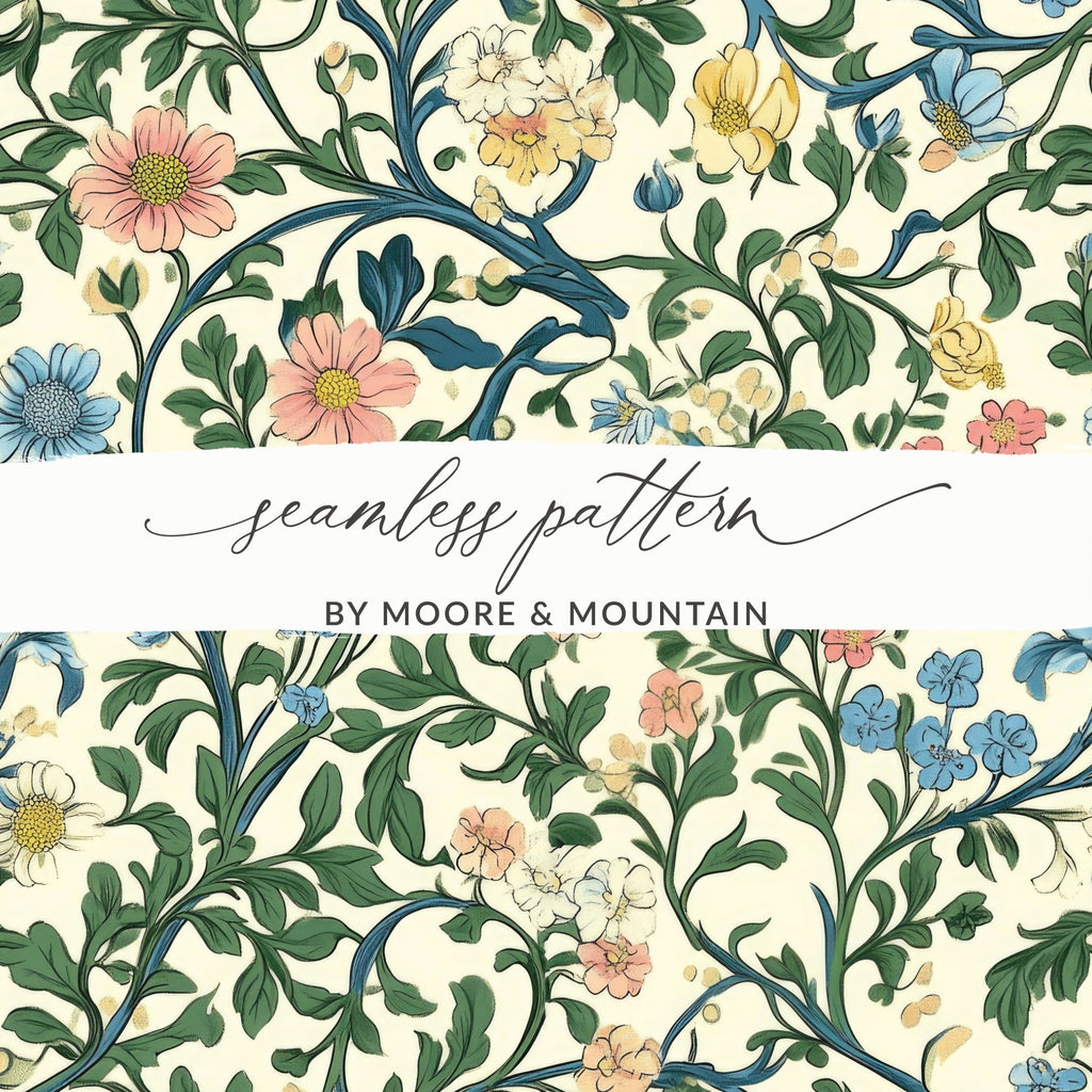 Floral Seamless Pattern, Digital Paper Pack, Botanical Print, Repeating Flower Design, Digital Download, Scrapbooking, Fabric Design - Moore and Mountain
