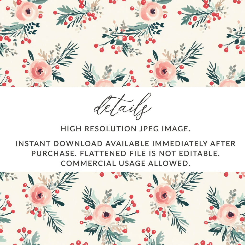 Floral Seamless Pattern Digital Paper, Rose Berries Pattern, Holiday Repeat Pattern, Watercolor Flower Background, Christmas Fabric Design - Moore and Mountain