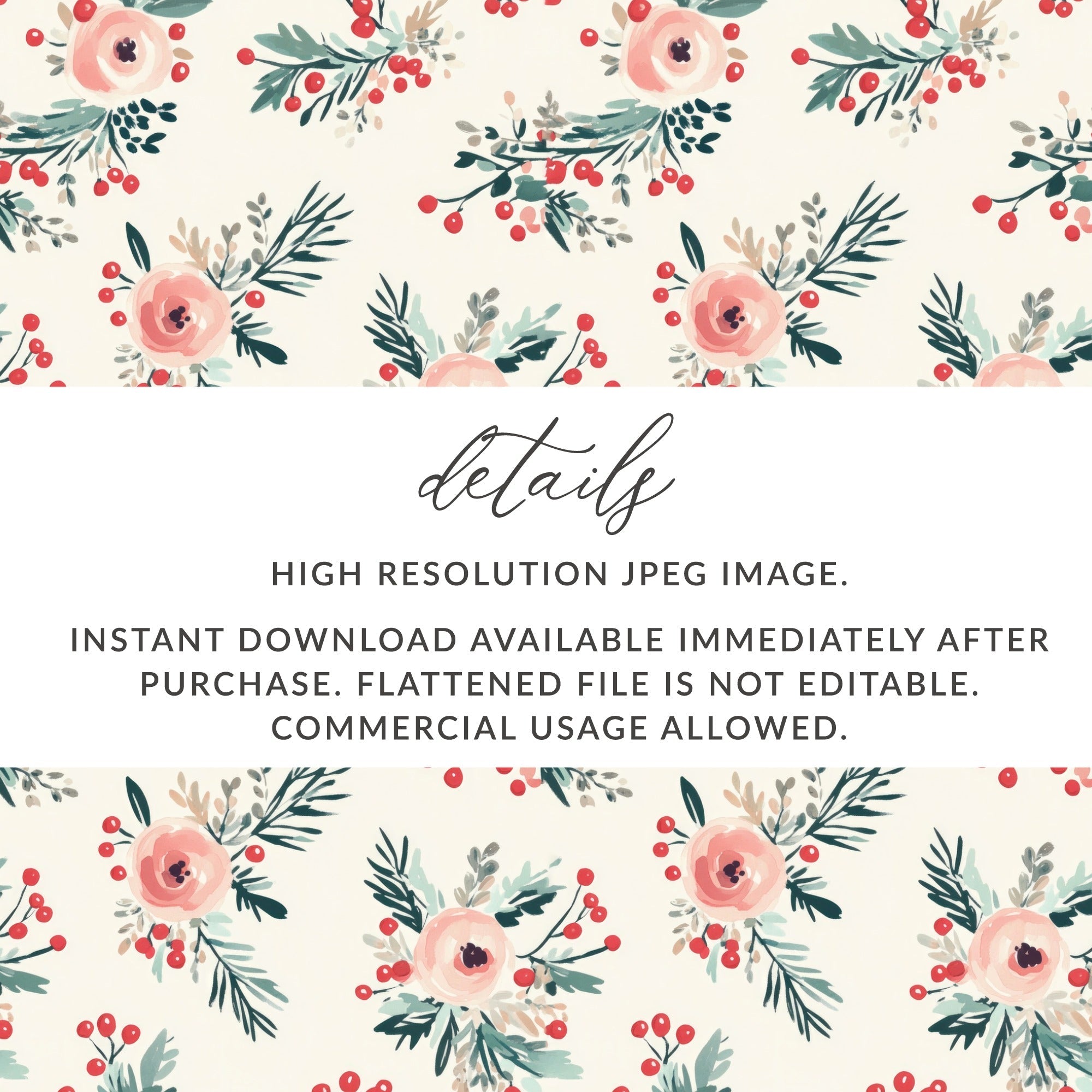 Floral Seamless Pattern Digital Paper, Rose Berries Pattern, Holiday Repeat Pattern, Watercolor Flower Background, Christmas Fabric Design - Moore and Mountain