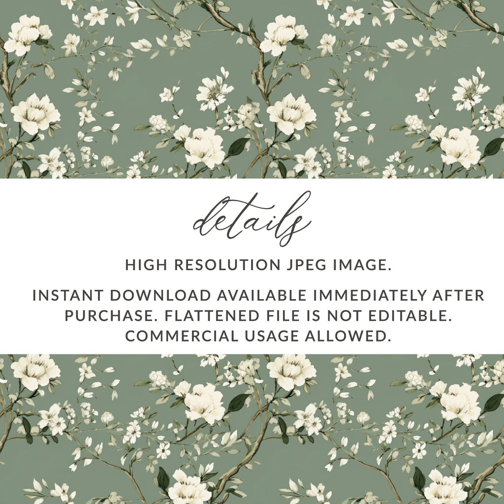 Floral Seamless Pattern, Digital Paper, Sage Green Background, White Flowers, Printable Fabric Design, Scrapbook Paper, 12x12 JPEG - Moore and Mountain
