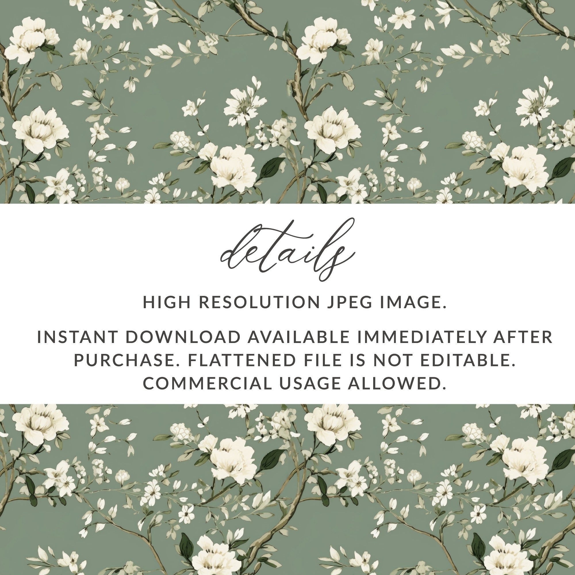 Floral Seamless Pattern, Digital Paper, Sage Green Background, White Flowers, Printable Fabric Design, Scrapbook Paper, 12x12 JPEG - Moore and Mountain