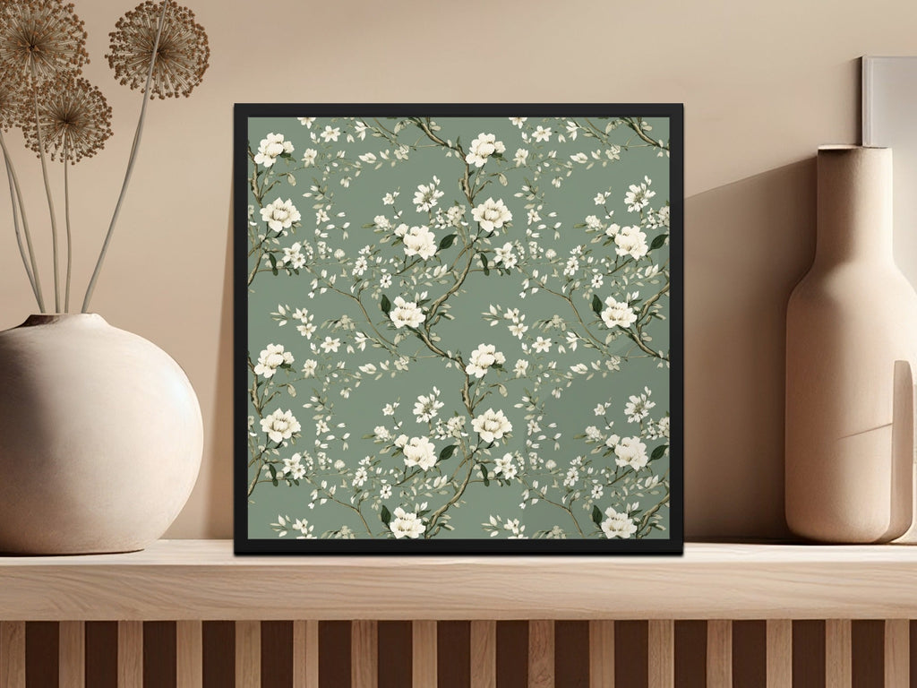 Floral Seamless Pattern, Digital Paper, Sage Green Background, White Flowers, Printable Fabric Design, Scrapbook Paper, 12x12 JPEG - Moore and Mountain
