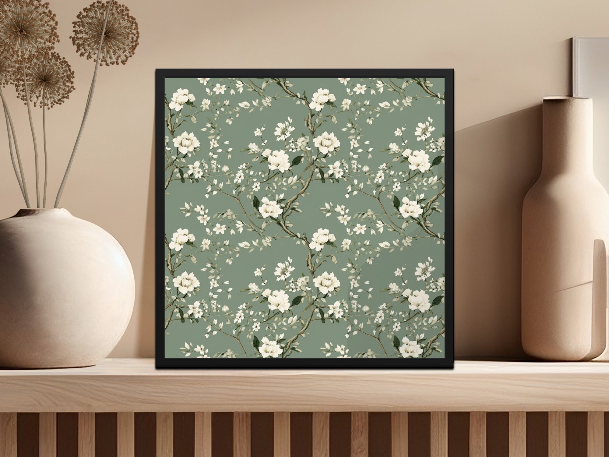 Floral Seamless Pattern, Digital Paper, Sage Green Background, White Flowers, Printable Fabric Design, Scrapbook Paper, 12x12 JPEG - Moore and Mountain