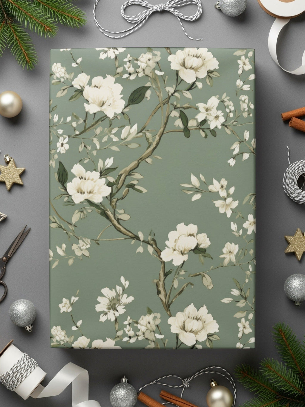 Floral Seamless Pattern, Digital Paper, Sage Green Background, White Flowers, Printable Fabric Design, Scrapbook Paper, 12x12 JPEG - Moore and Mountain