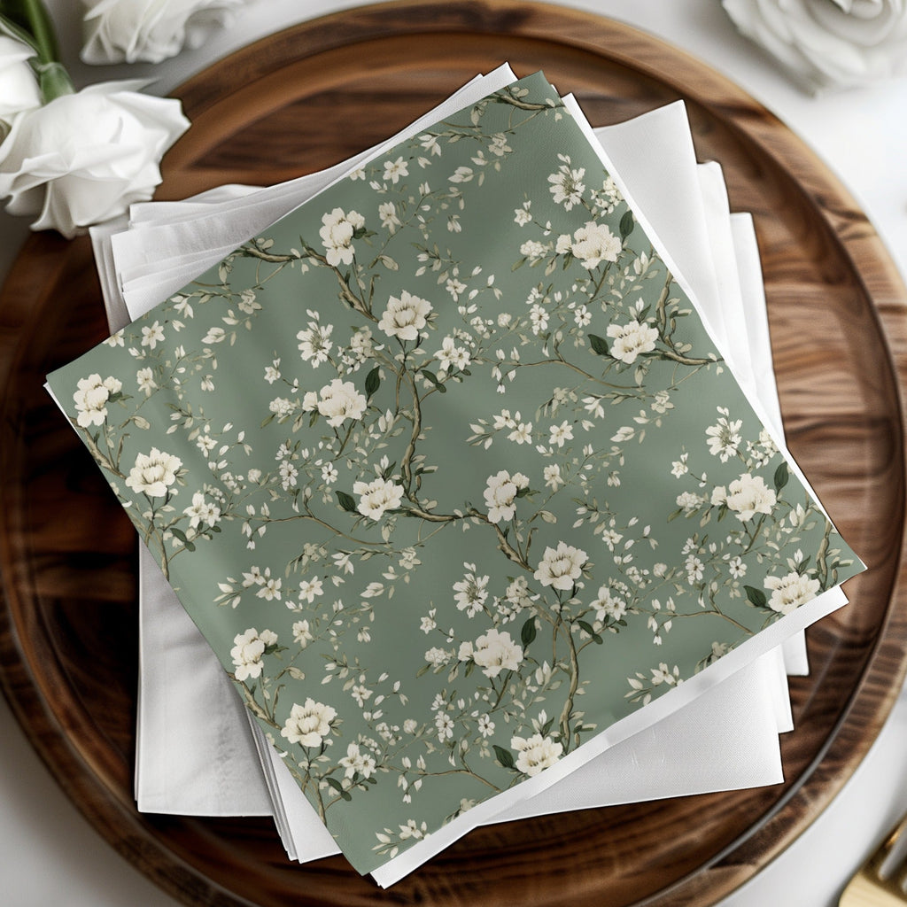 Floral Seamless Pattern, Digital Paper, Sage Green Background, White Flowers, Printable Fabric Design, Scrapbook Paper, 12x12 JPEG - Moore and Mountain