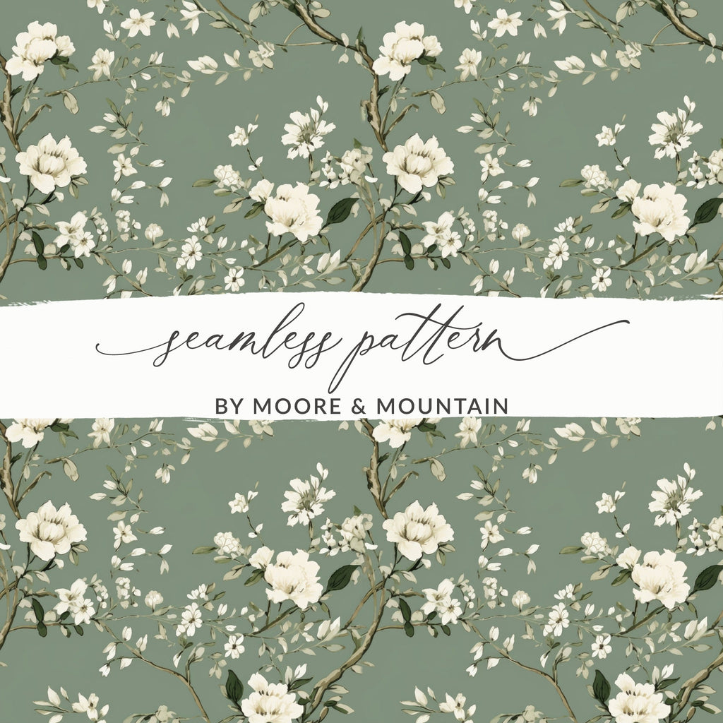 Floral Seamless Pattern, Digital Paper, Sage Green Background, White Flowers, Printable Fabric Design, Scrapbook Paper, 12x12 JPEG - Moore and Mountain