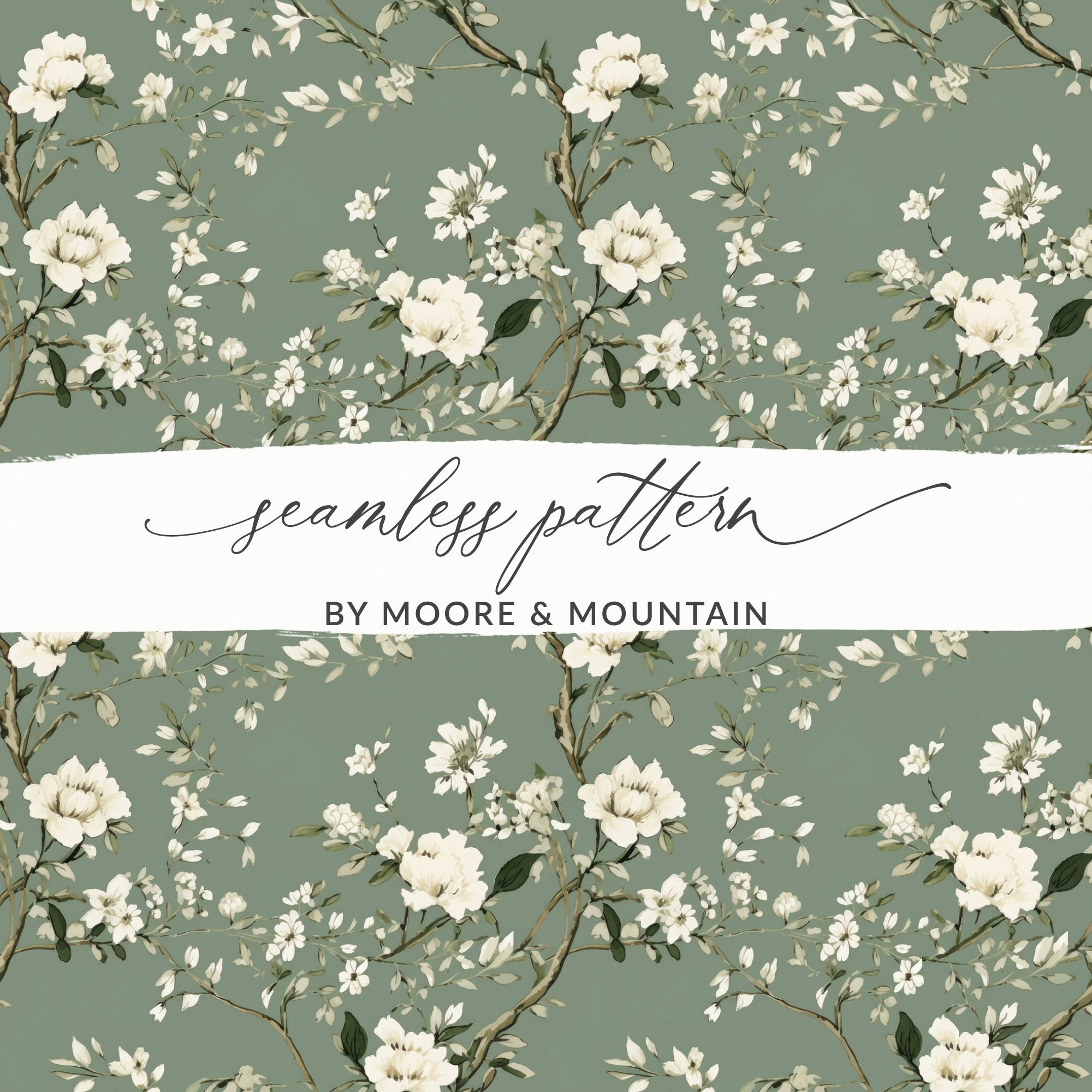 Floral Seamless Pattern, Digital Paper, Sage Green Background, White Flowers, Printable Fabric Design, Scrapbook Paper, 12x12 JPEG - Moore and Mountain
