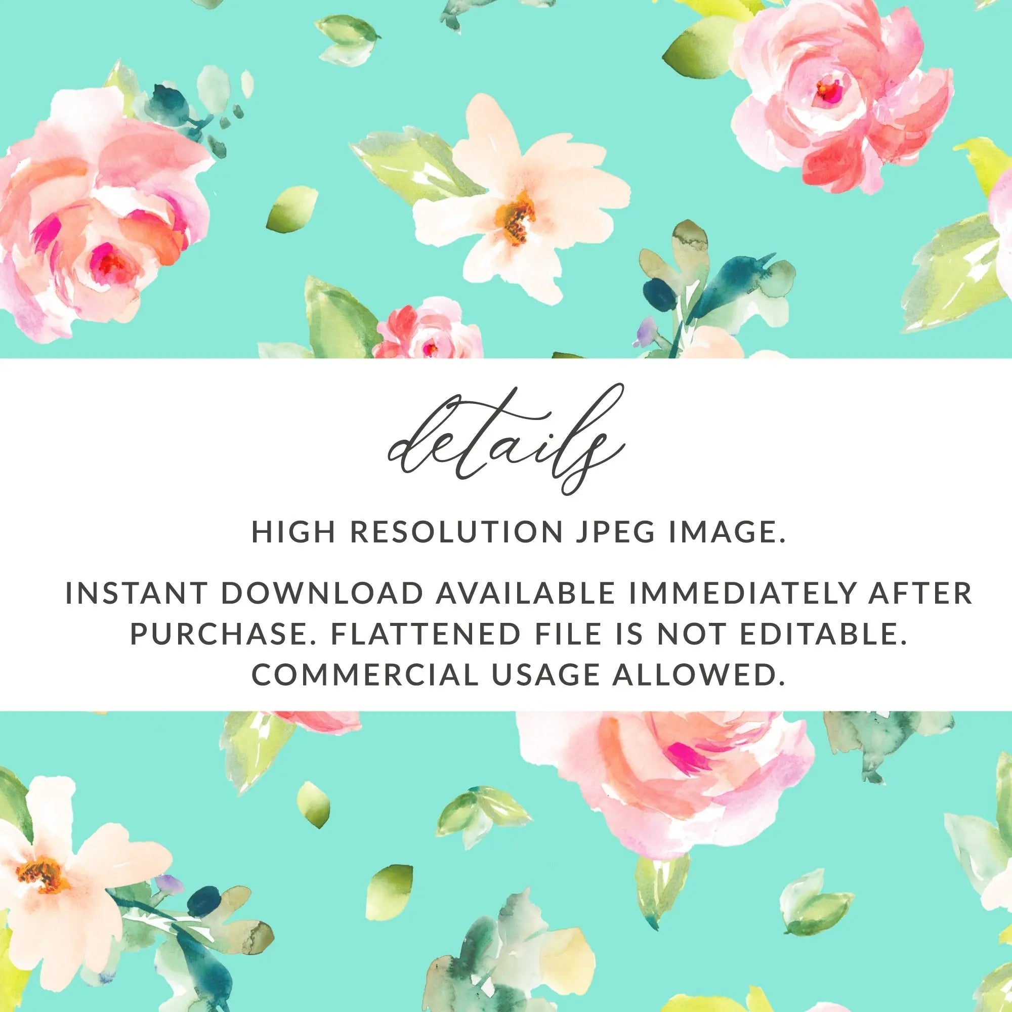 Floral Seamless Pattern Digital Paper, Watercolor Roses, Turquoise Background, Fabric Print, Scrapbooking Paper, Repeating Flower Digital - Moore and Mountain