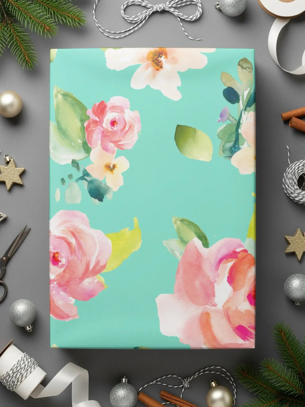 Floral Seamless Pattern Digital Paper, Watercolor Roses, Turquoise Background, Fabric Print, Scrapbooking Paper, Repeating Flower Digital - Moore and Mountain