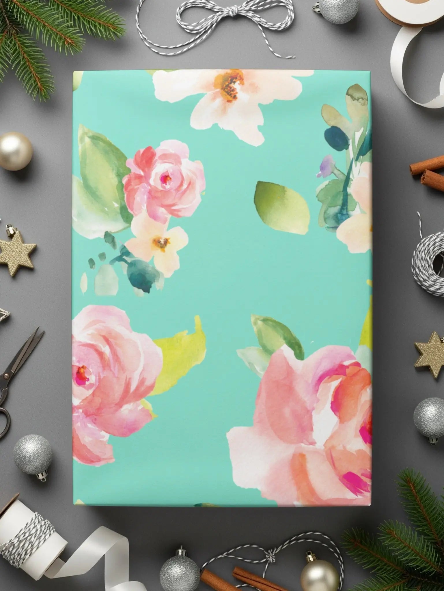 Floral Seamless Pattern Digital Paper, Watercolor Roses, Turquoise Background, Fabric Print, Scrapbooking Paper, Repeating Flower Digital - Moore and Mountain
