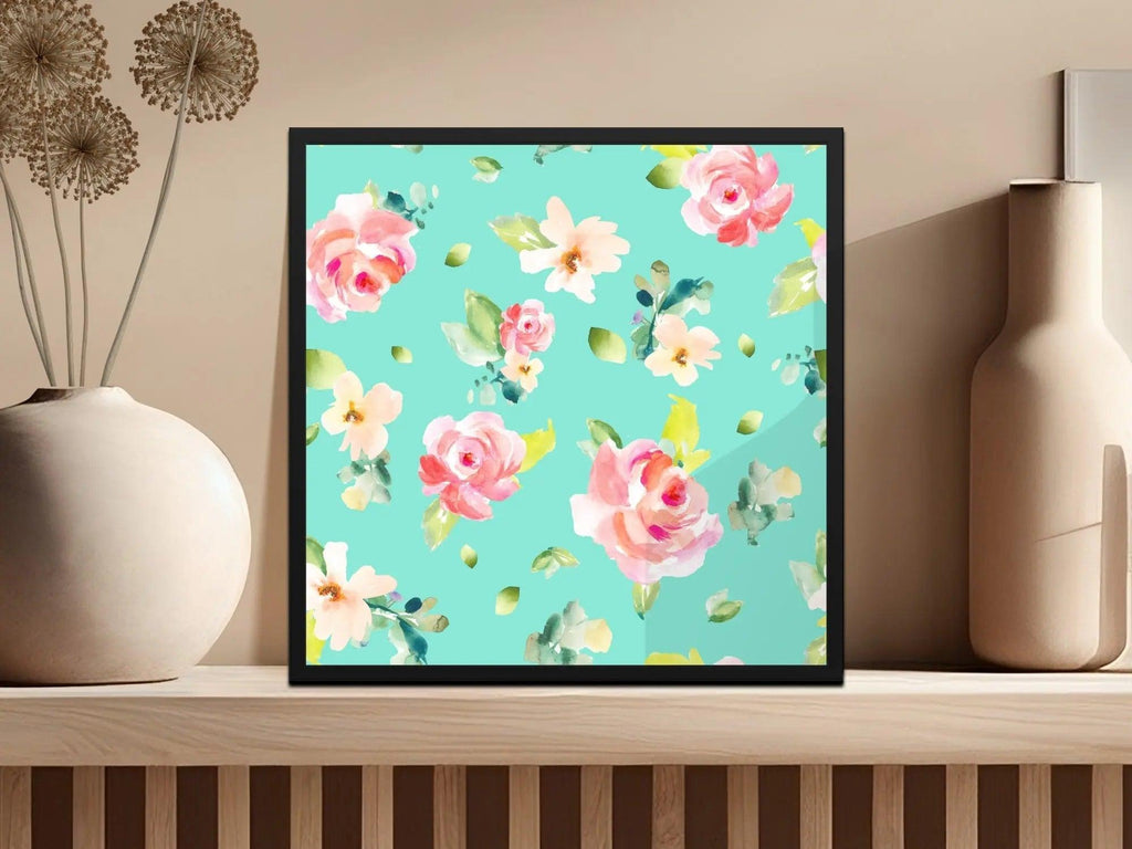 Floral Seamless Pattern Digital Paper, Watercolor Roses, Turquoise Background, Fabric Print, Scrapbooking Paper, Repeating Flower Digital - Moore and Mountain