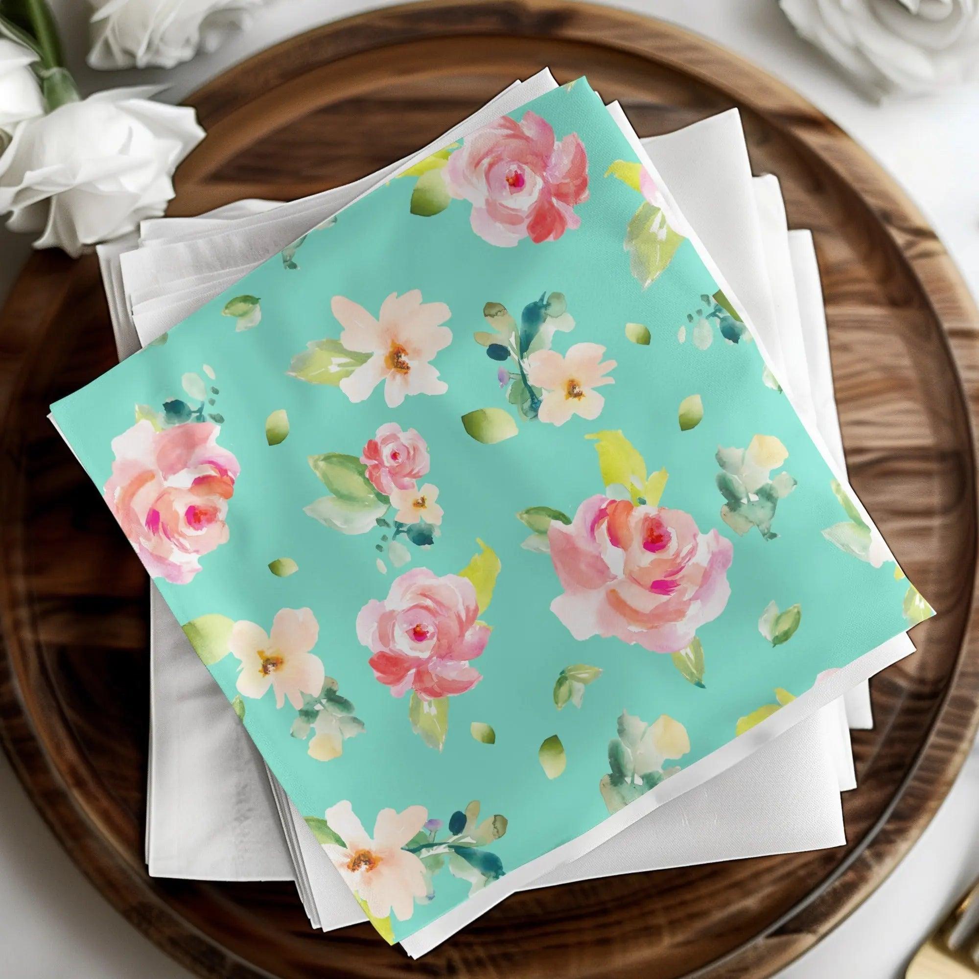 Floral Seamless Pattern Digital Paper, Watercolor Roses, Turquoise Background, Fabric Print, Scrapbooking Paper, Repeating Flower Digital - Moore and Mountain
