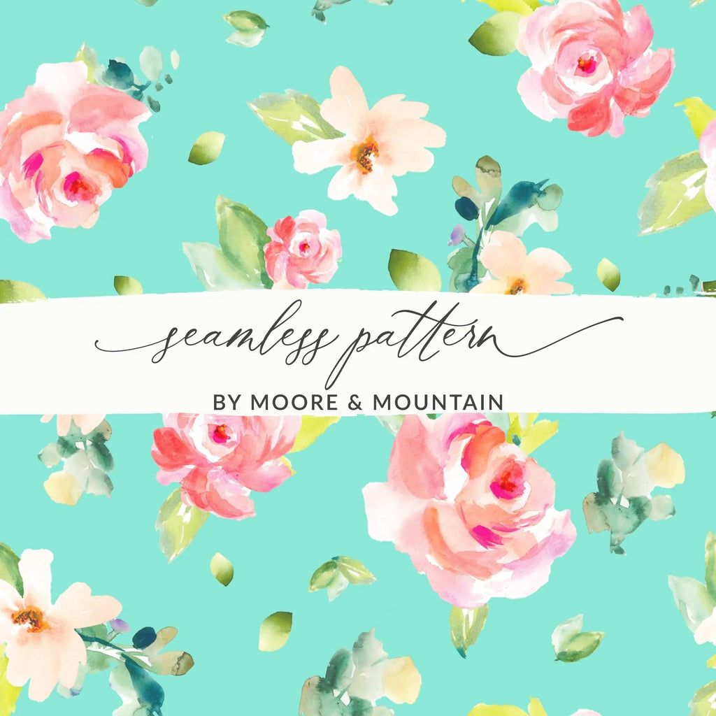 Floral Seamless Pattern Digital Paper, Watercolor Roses, Turquoise Background, Fabric Print, Scrapbooking Paper, Repeating Flower Digital - Moore and Mountain