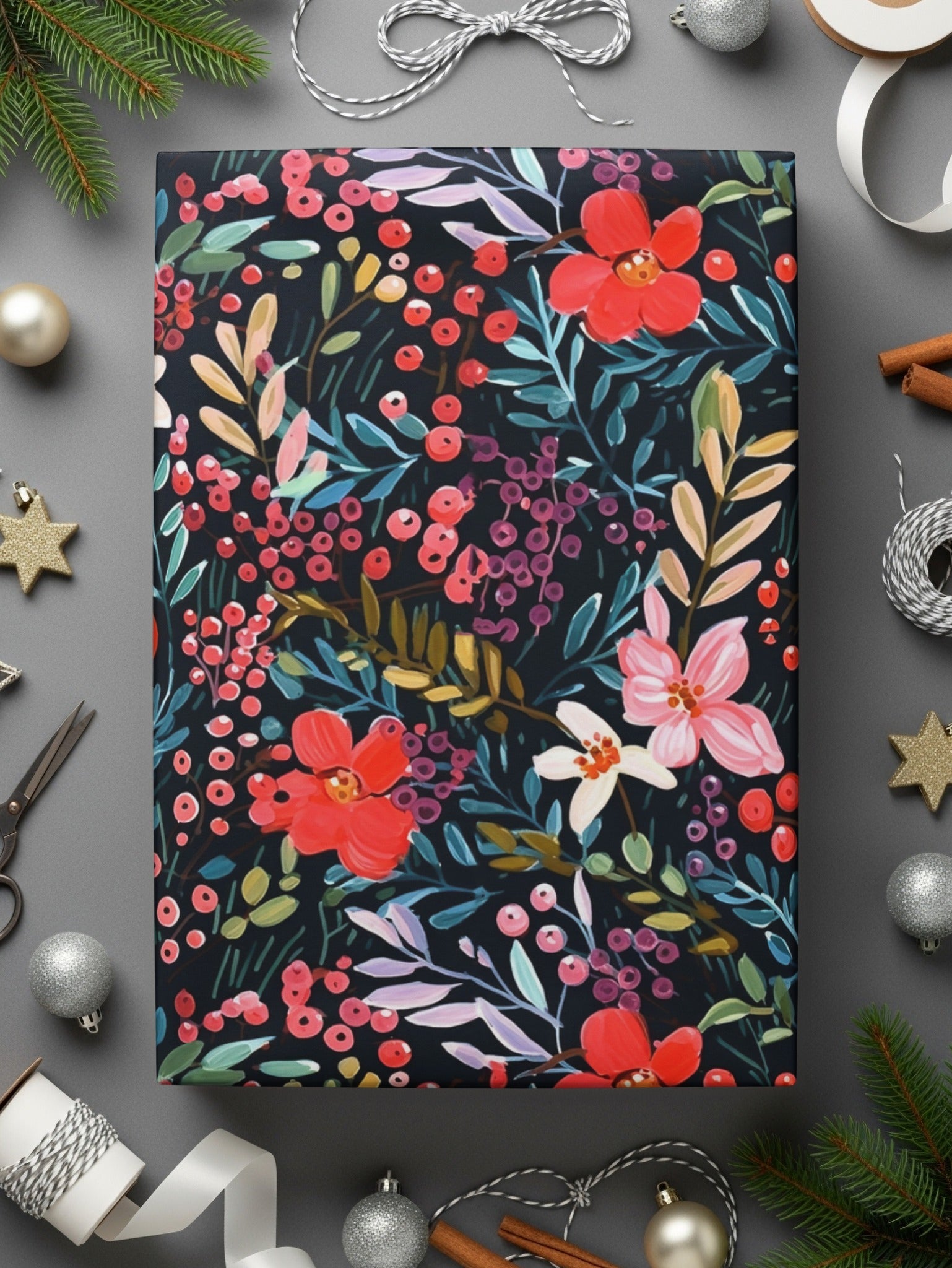 Floral Seamless Pattern Digital, Red Flowers Printable, Dark Floral Pattern, Berry Background Digital, Fabric Design Download - Moore and Mountain