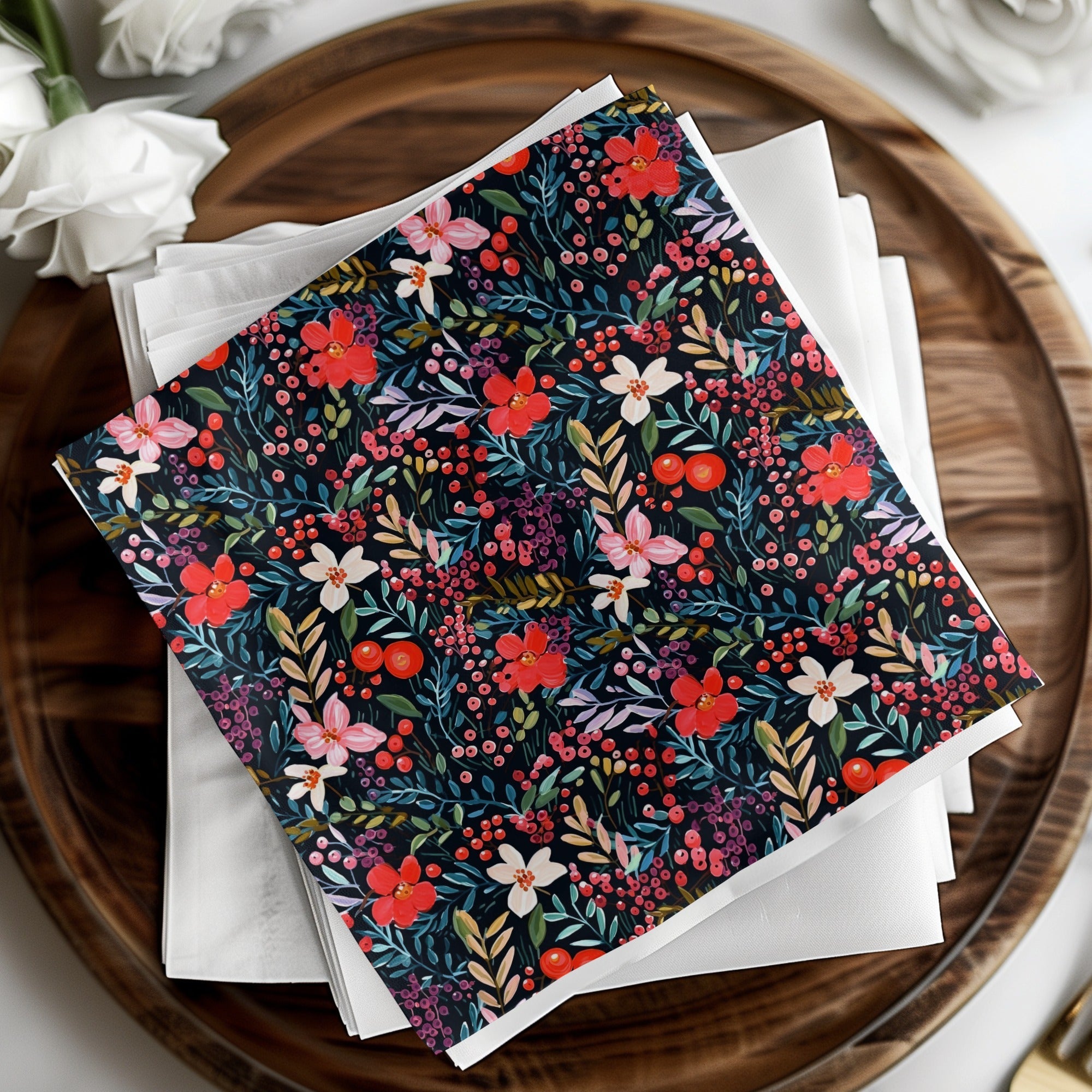 Floral Seamless Pattern Digital, Red Flowers Printable, Dark Floral Pattern, Berry Background Digital, Fabric Design Download - Moore and Mountain