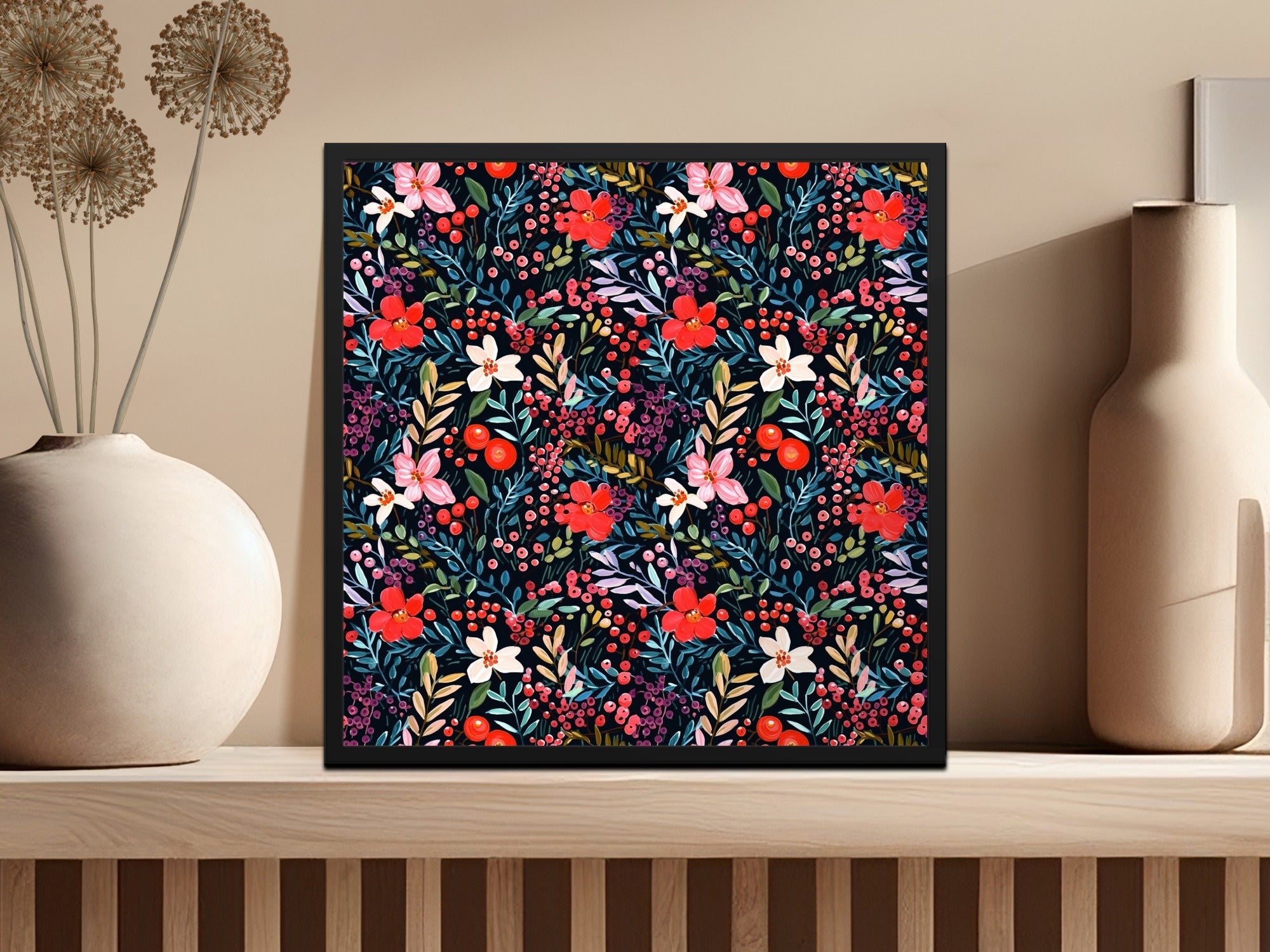 Floral Seamless Pattern Digital, Red Flowers Printable, Dark Floral Pattern, Berry Background Digital, Fabric Design Download - Moore and Mountain