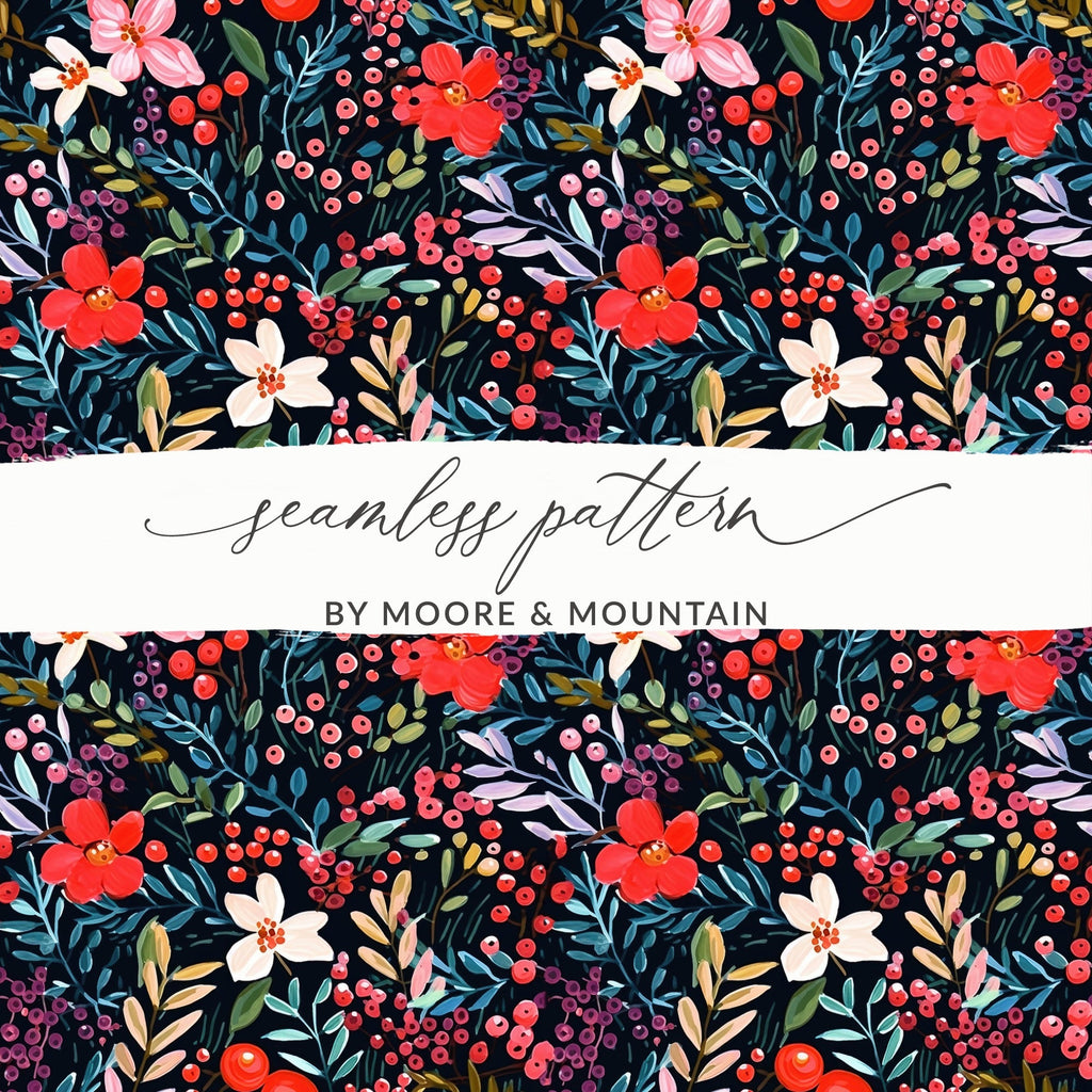 Floral Seamless Pattern Digital, Red Flowers Printable, Dark Floral Pattern, Berry Background Digital, Fabric Design Download - Moore and Mountain