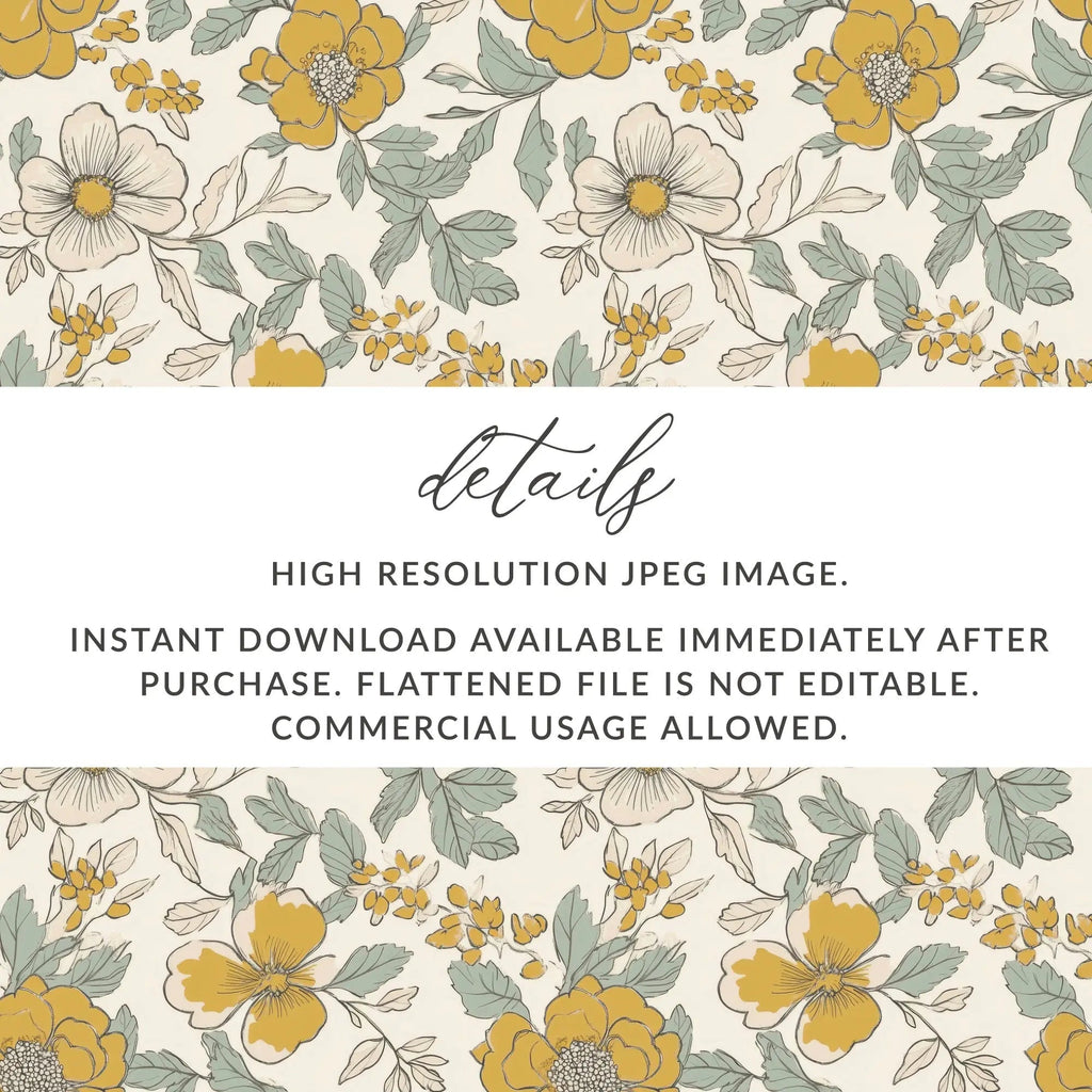 Floral Seamless Pattern, Mustard Yellow, Digital Paper, Commercial Use, Flower Design, 12x12 JPEG, Print On Demand, Scrapbooking - Moore and Mountain