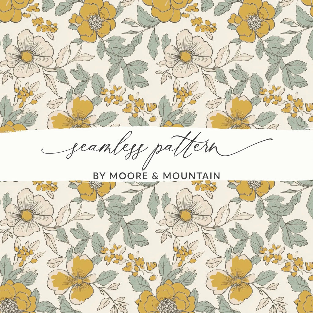 Floral Seamless Pattern, Mustard Yellow, Digital Paper, Commercial Use, Flower Design, 12x12 JPEG, Print On Demand, Scrapbooking - Moore and Mountain