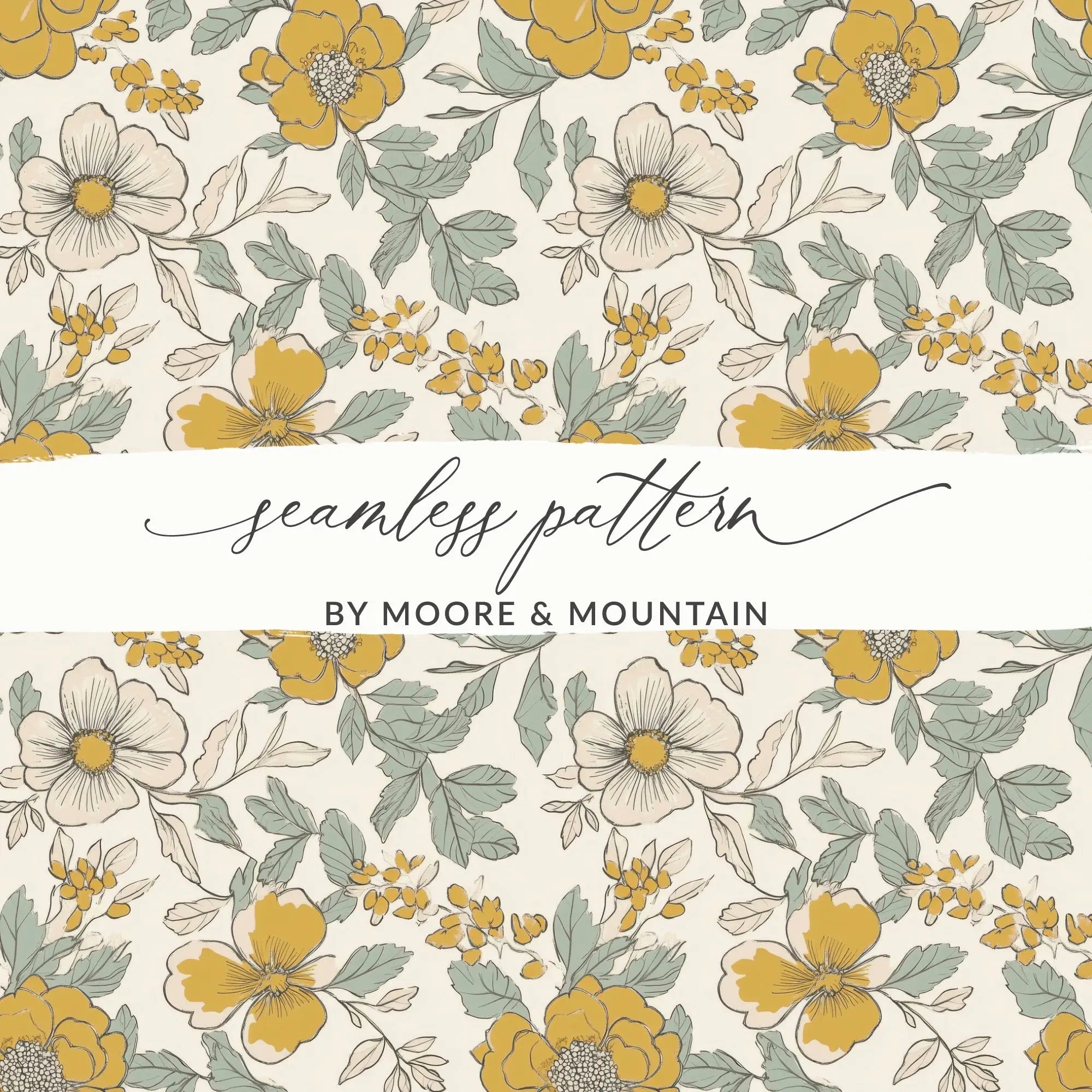Floral Seamless Pattern, Mustard Yellow, Digital Paper, Commercial Use, Flower Design, 12x12 JPEG, Print On Demand, Scrapbooking - Moore and Mountain