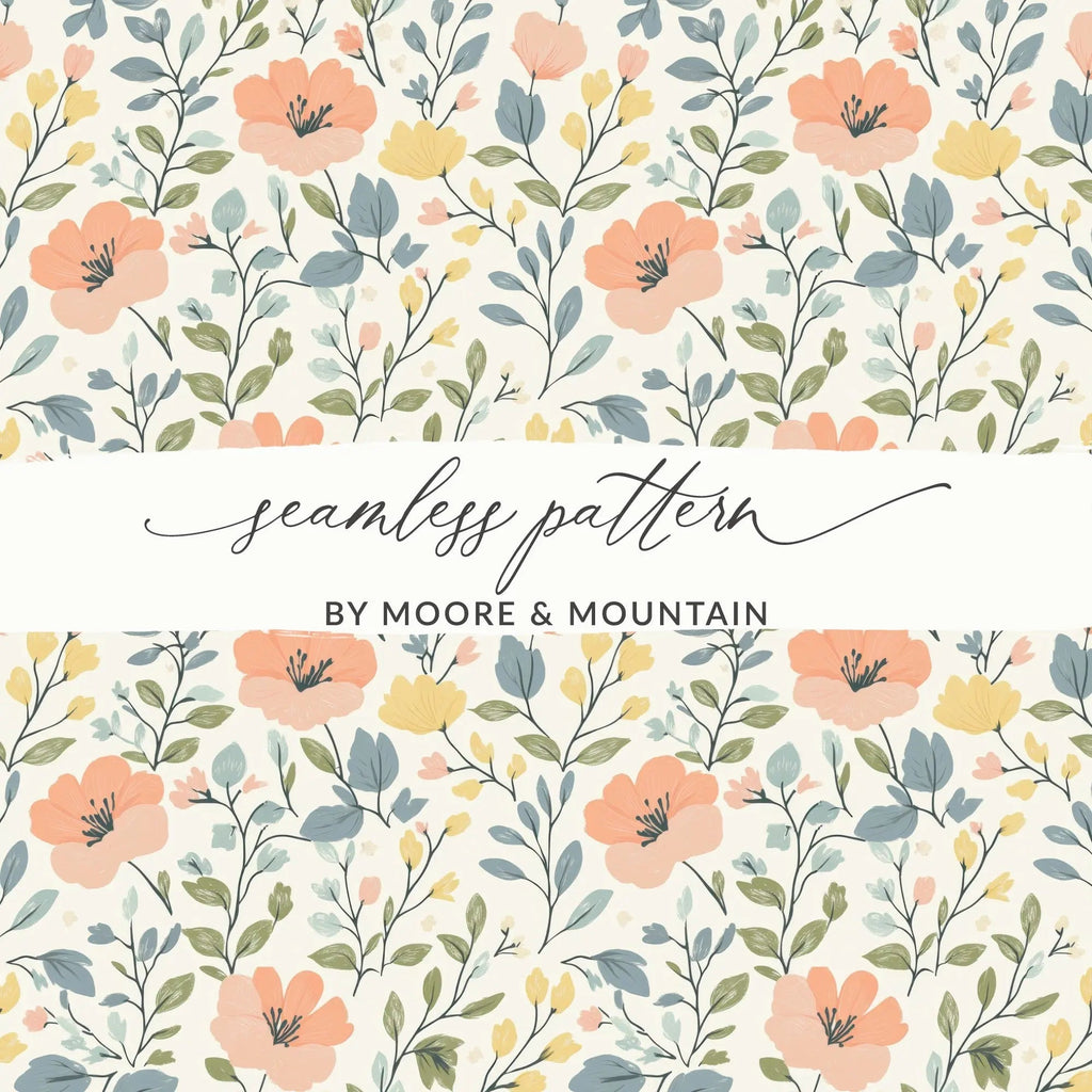 Floral Seamless Pattern, Peach, Yellow, and Green Flowers Digital Paper, Commercial Use, Print on Demand, Digital Download, Floral Design - Moore and Mountain