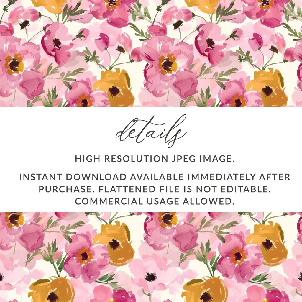 Floral Seamless Pattern, Watercolor Flower Digital Paper, Pink Yellow Blossom Design, Fabric Pattern Download, Scrapbook Paper - Moore and Mountain